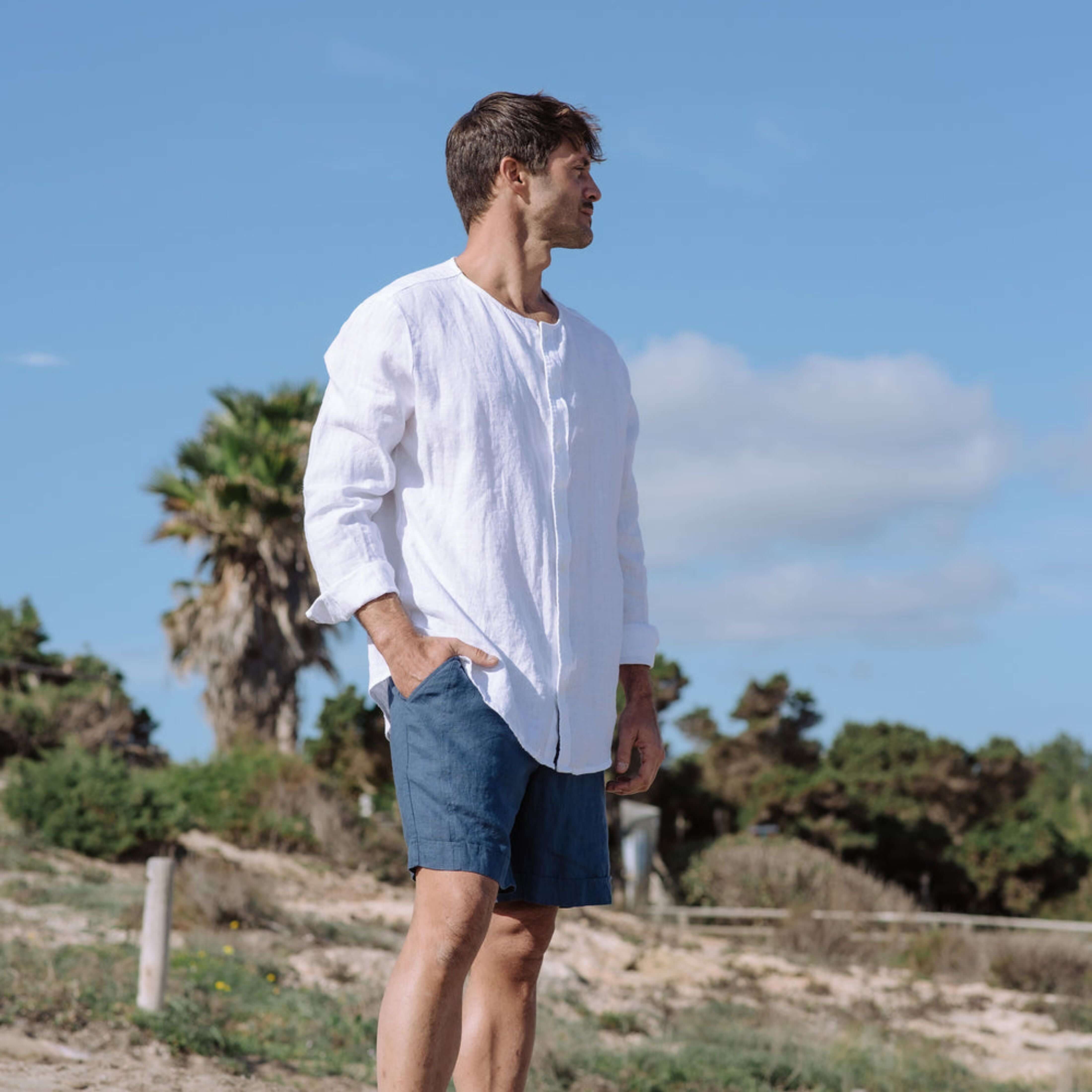 White Linen Band Collar Shirt - Linen Wear