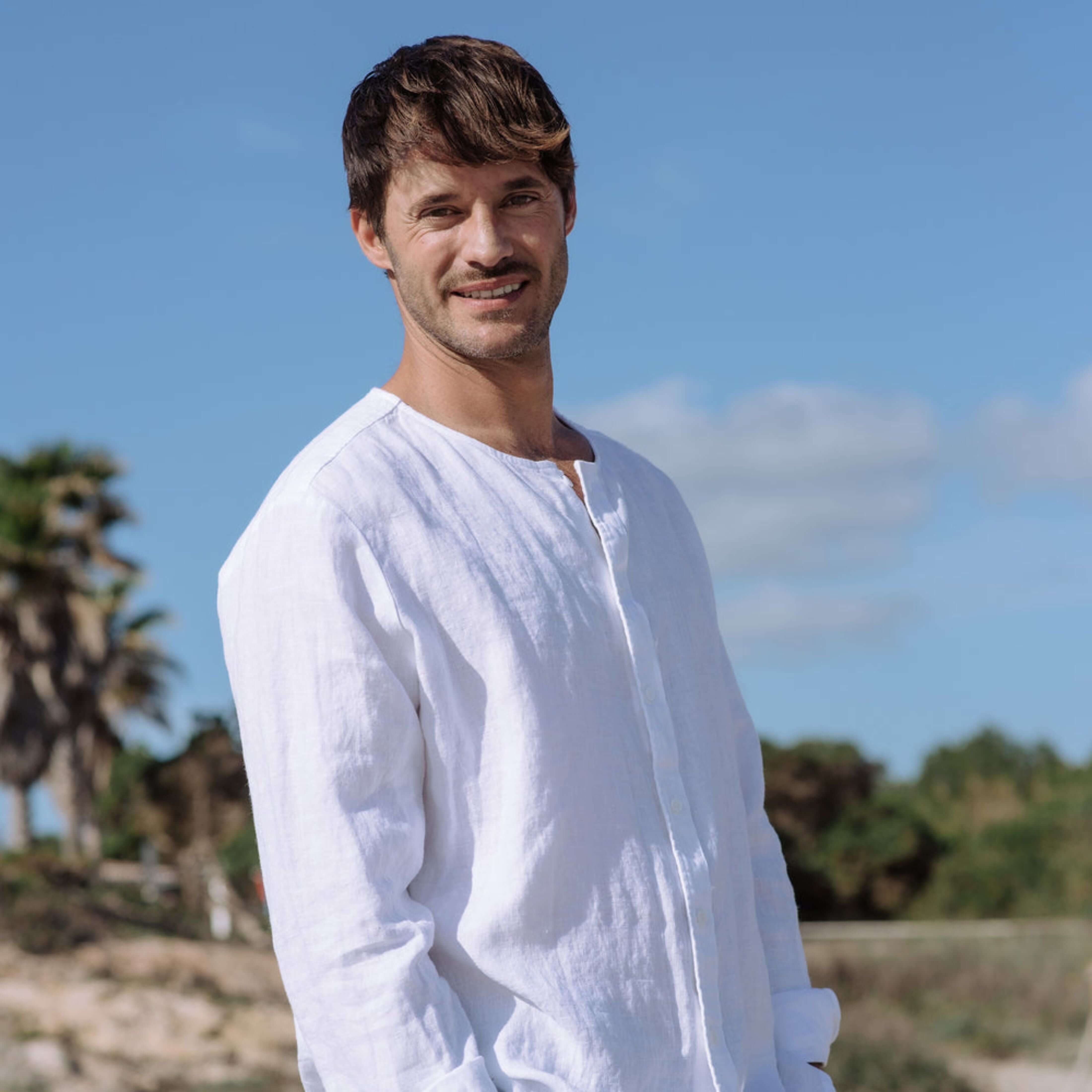 White Linen Band Collar Shirt - Linen Wear