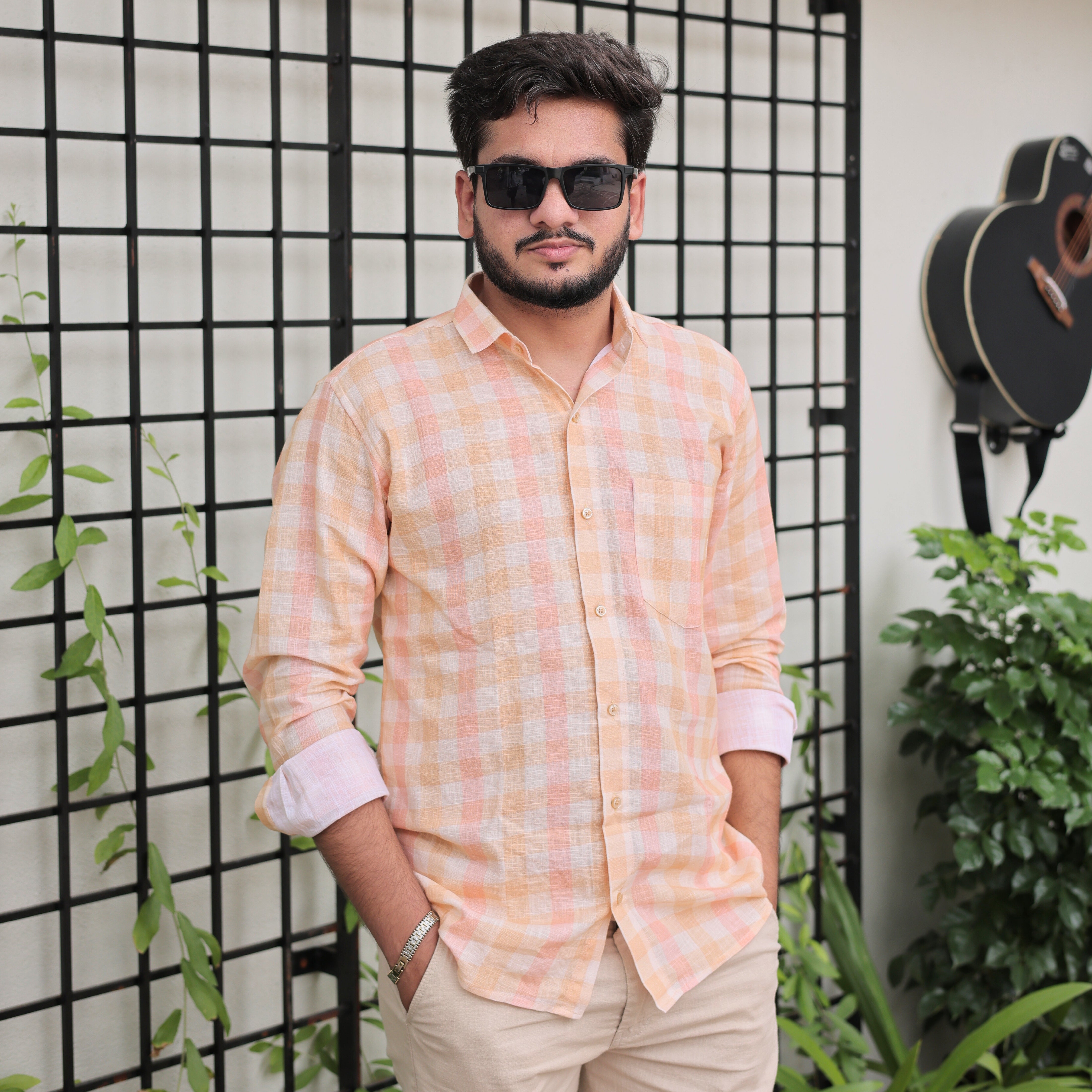 Premium Cotton Linen Peach Checked Shirt for Men