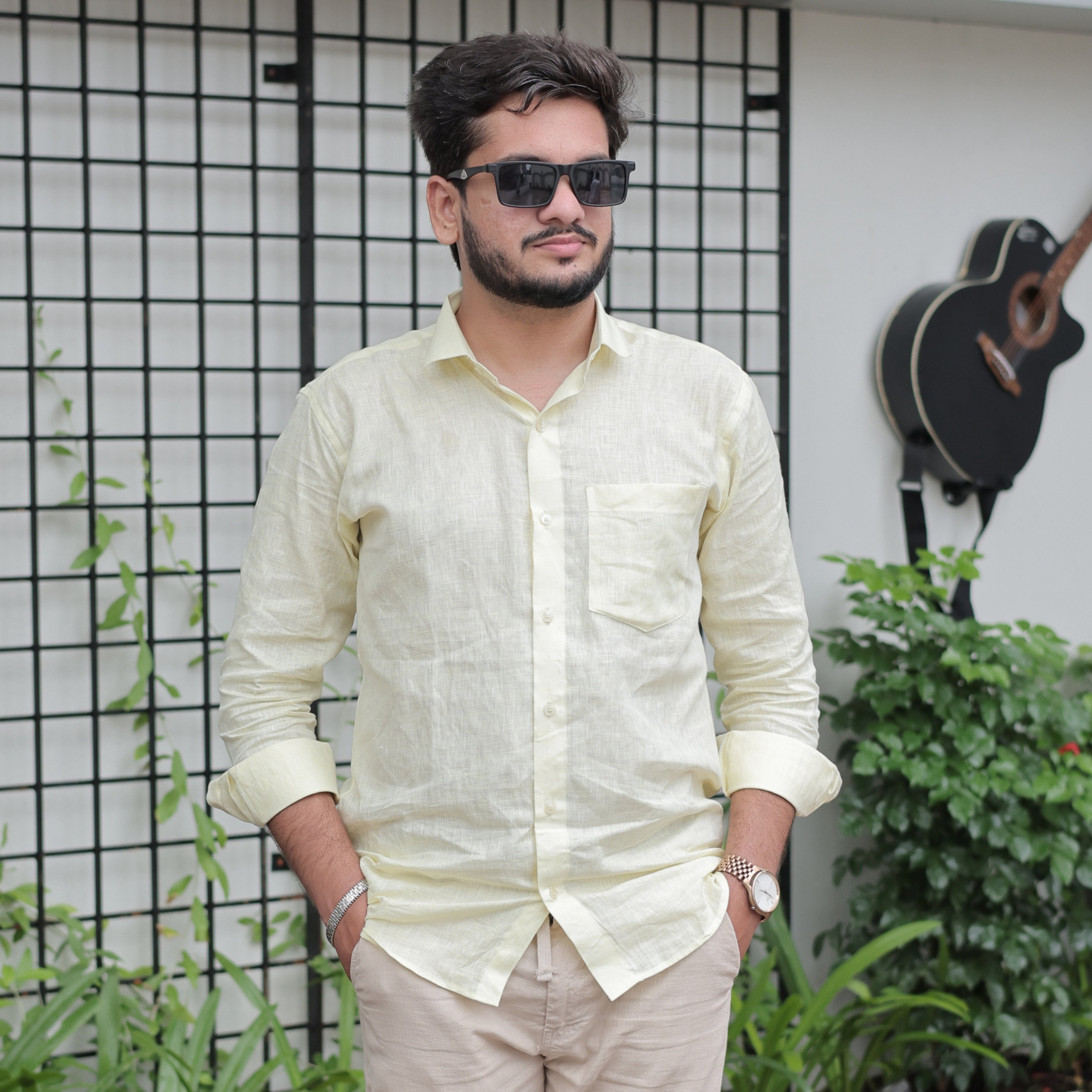Light Yellow Solid Pure Linen Spread Collar Shirt for Men
