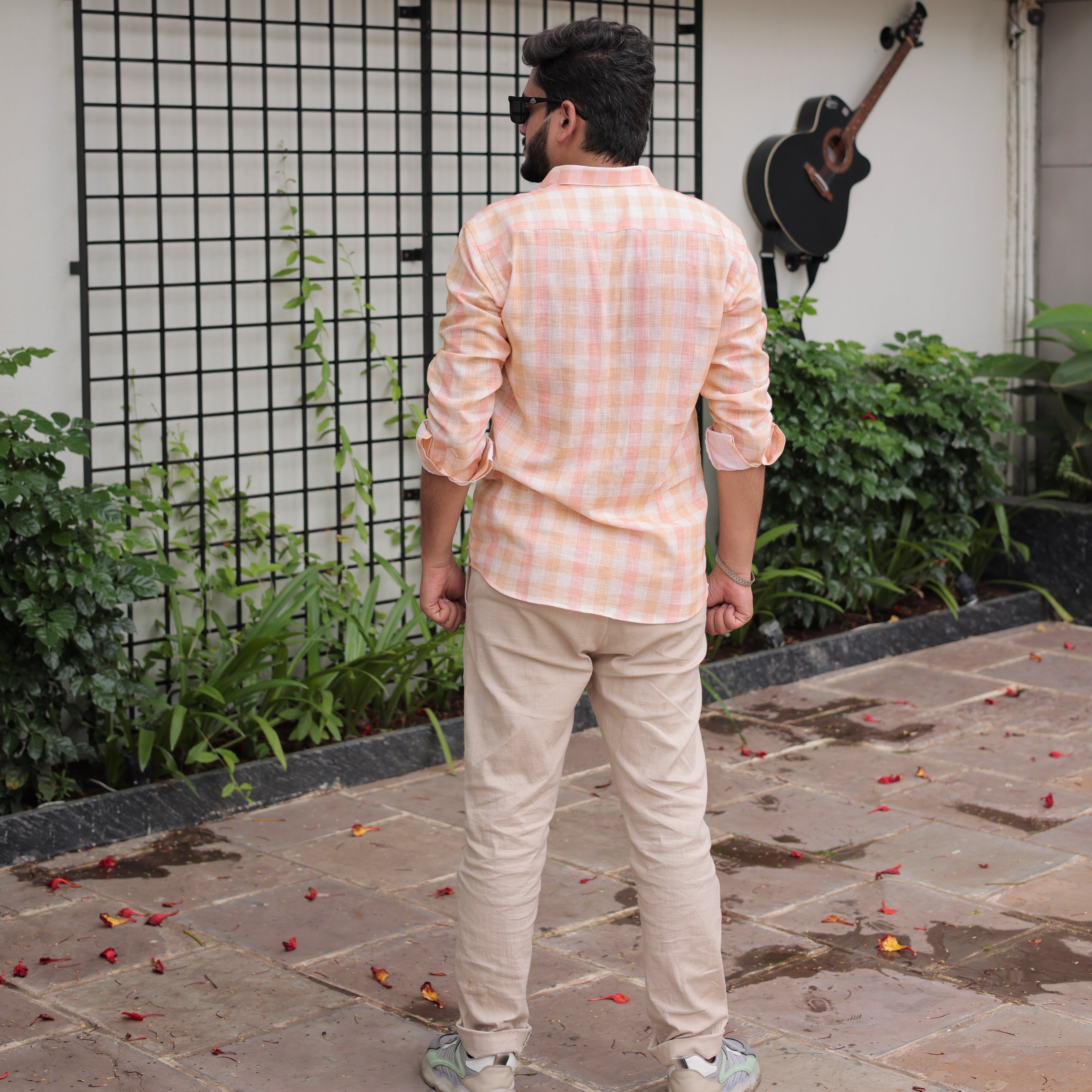 Premium Cotton Linen Peach Checked Shirt for Men