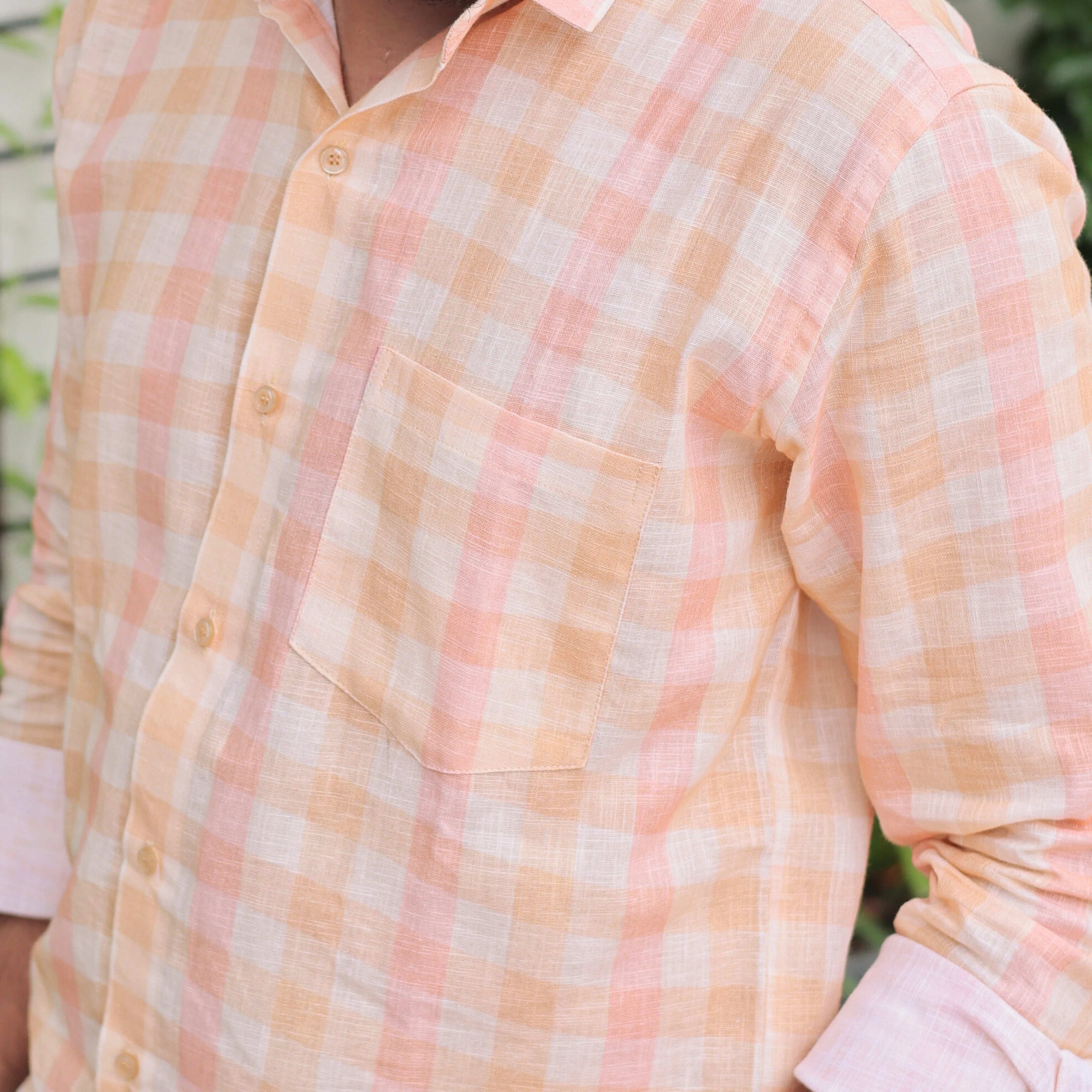 Premium Cotton Linen Shirts Combo Pack – Peach Checked & Blue Striped