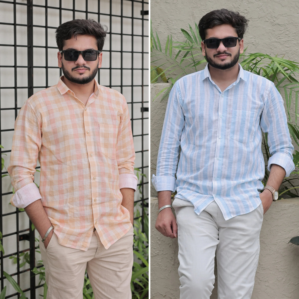 Premium Cotton Linen Shirts Combo Pack – Peach Checked & Blue Striped