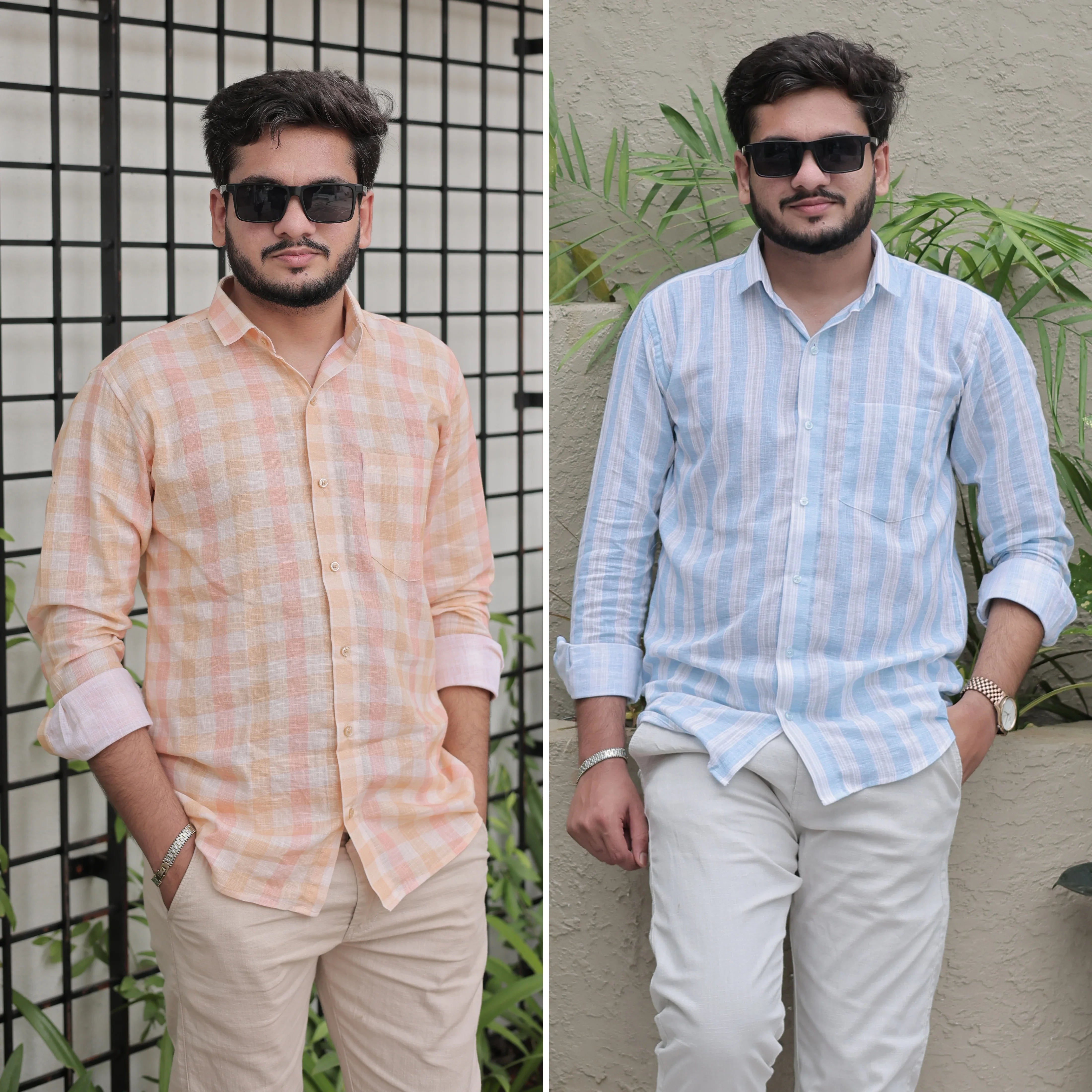 Premium Cotton Linen Shirts Combo Pack – Peach Checked & Blue Striped