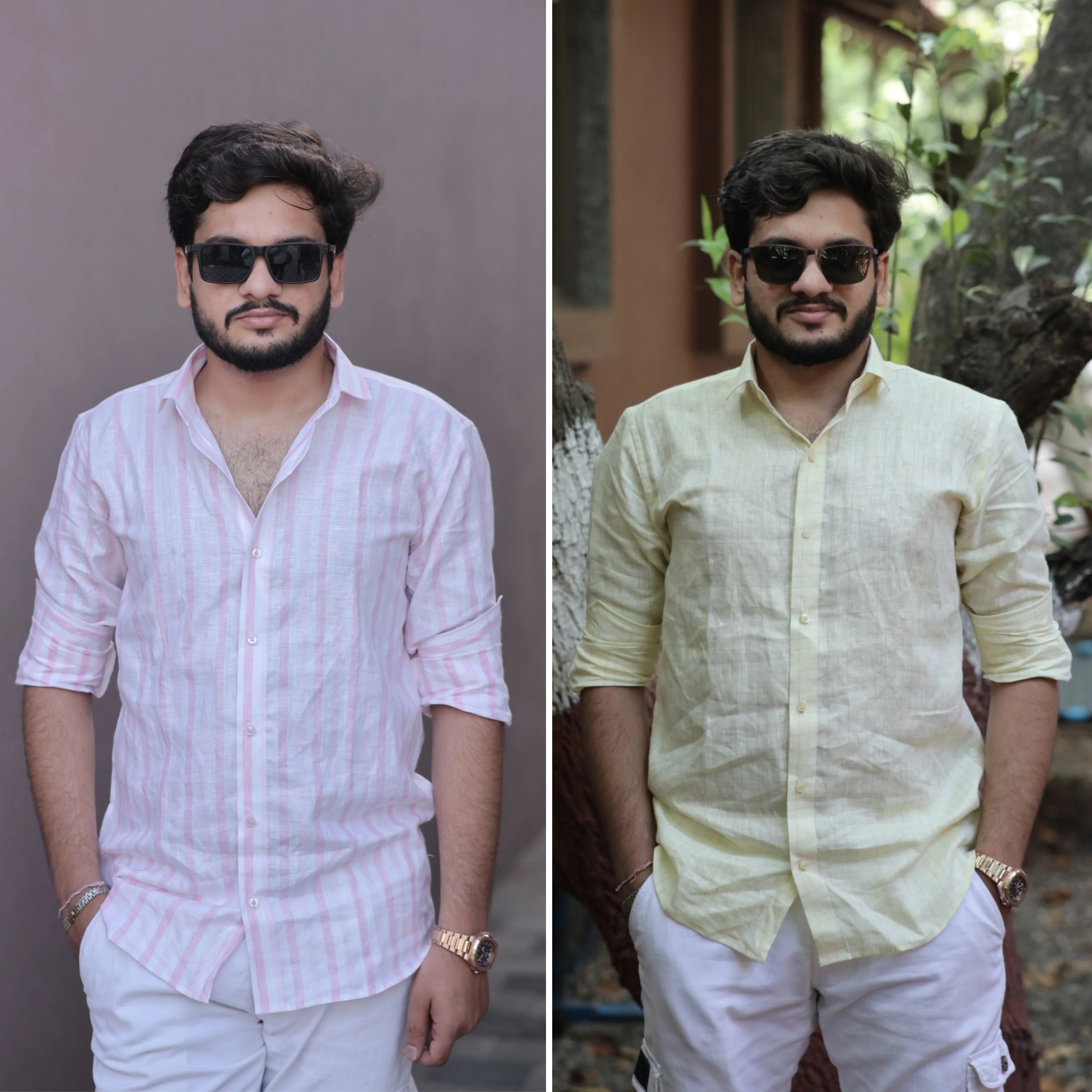 Pastel Casual Combo - Pink Striped Linen Shirt and Light Yellow Checks