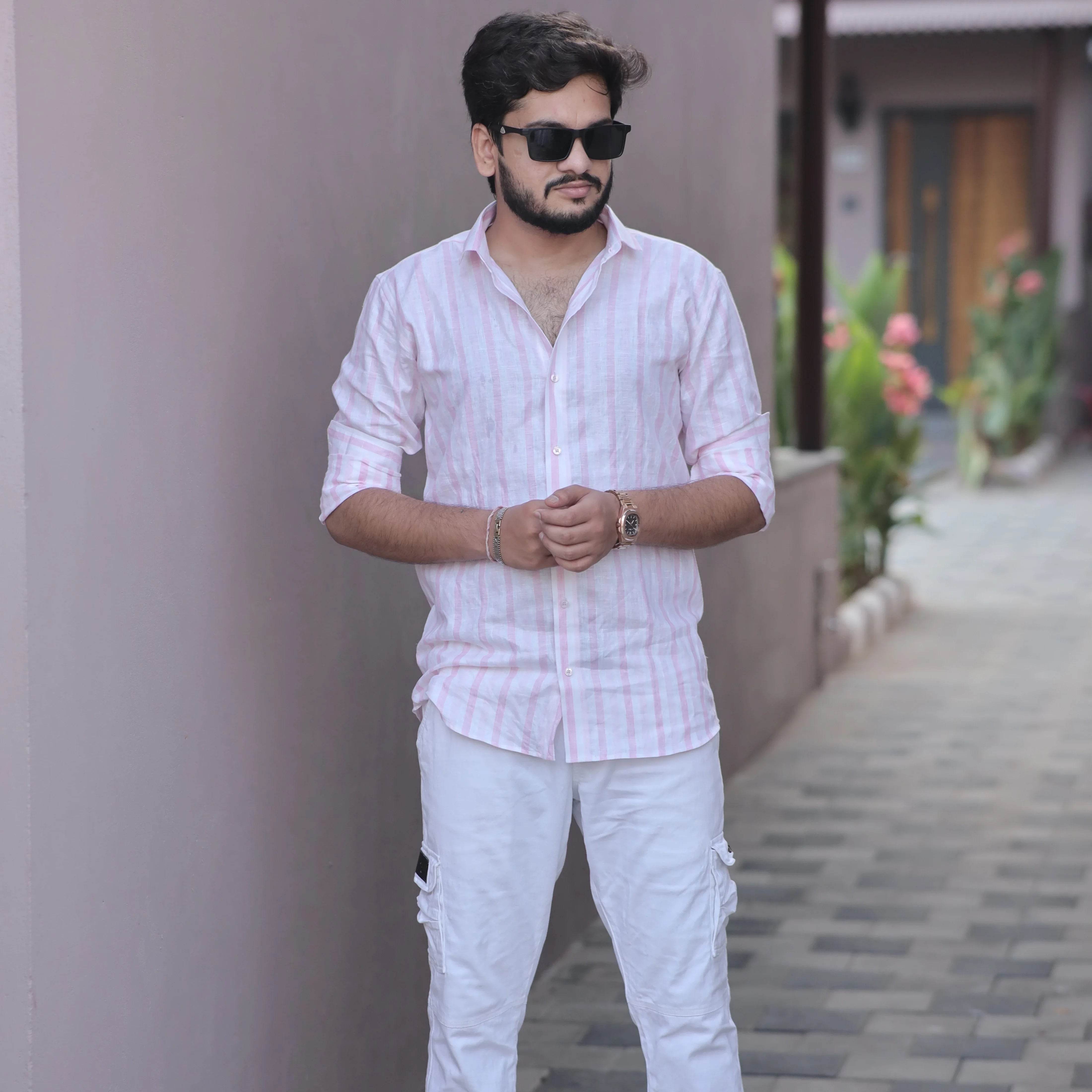 Pastel Casual Combo - Pink Striped Linen Shirt and Light Yellow Checks
