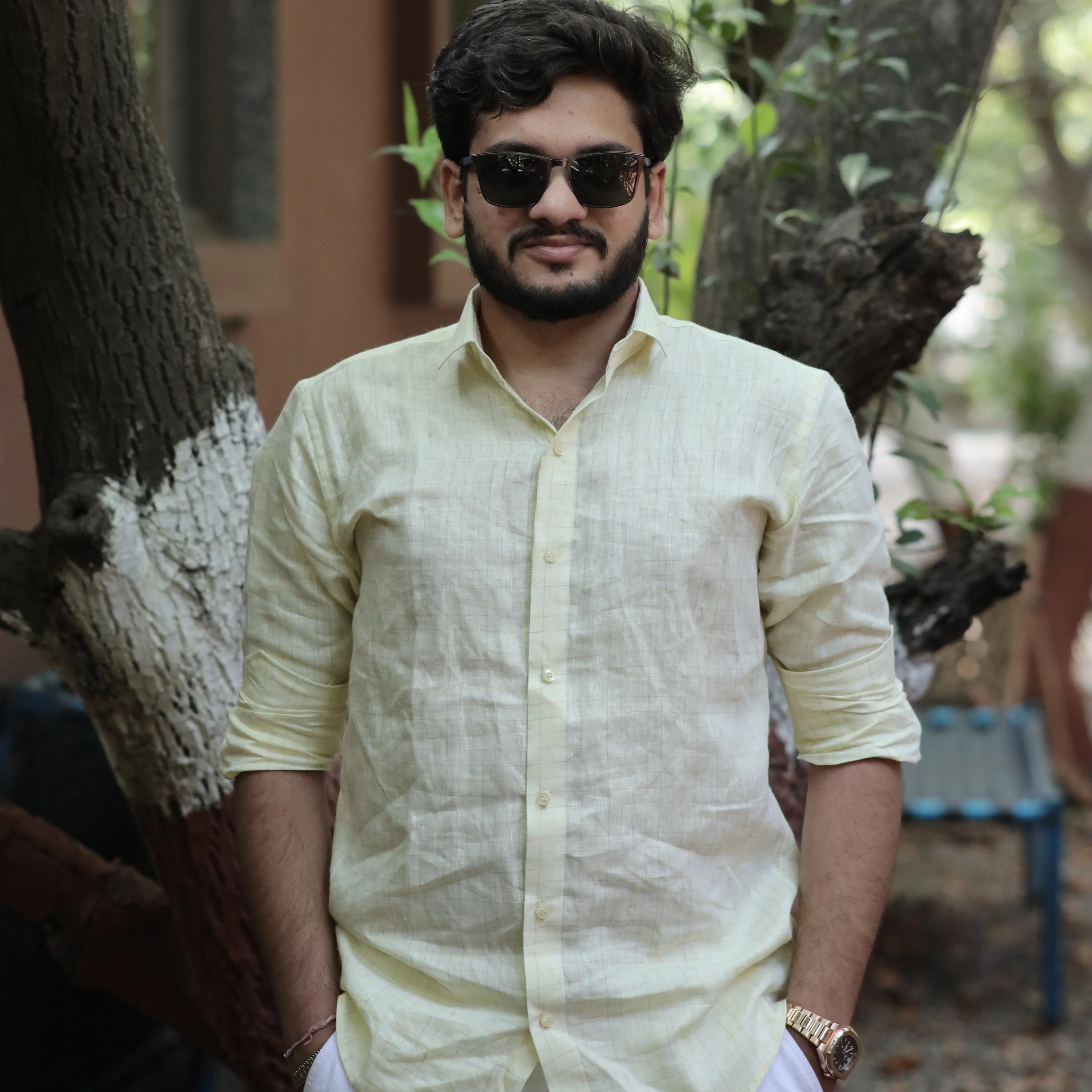 Pastel Casual Combo - Pink Striped Linen Shirt and Light Yellow Checks