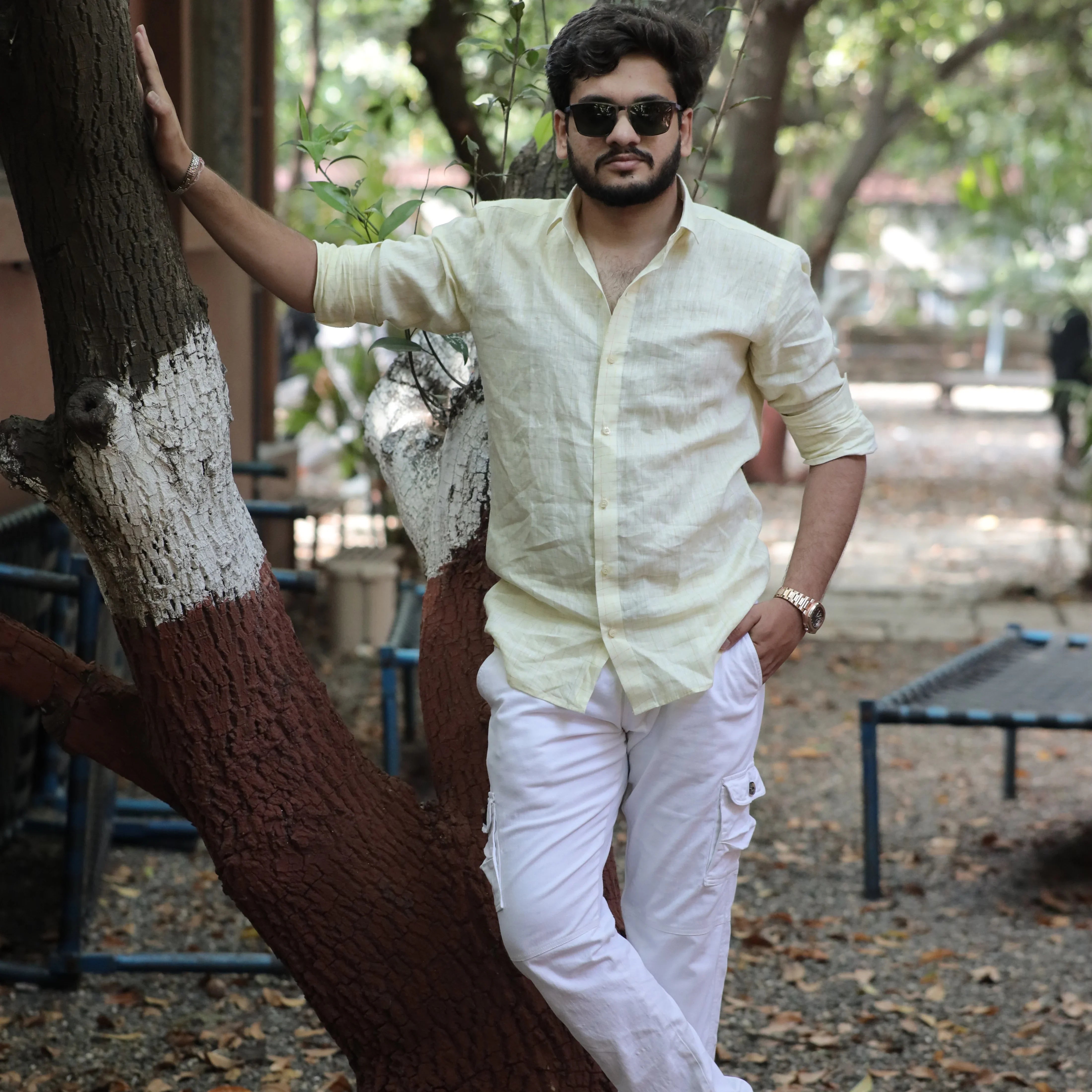 Pastel Casual Combo - Pink Striped Linen Shirt and Light Yellow Checks