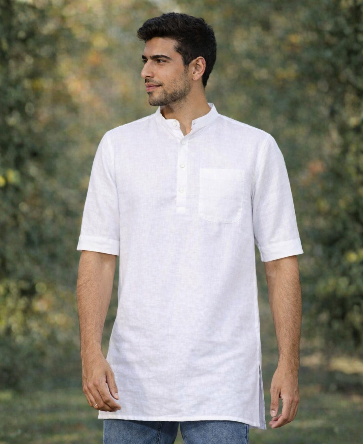 White Pure Linen Kurta With Band Collar