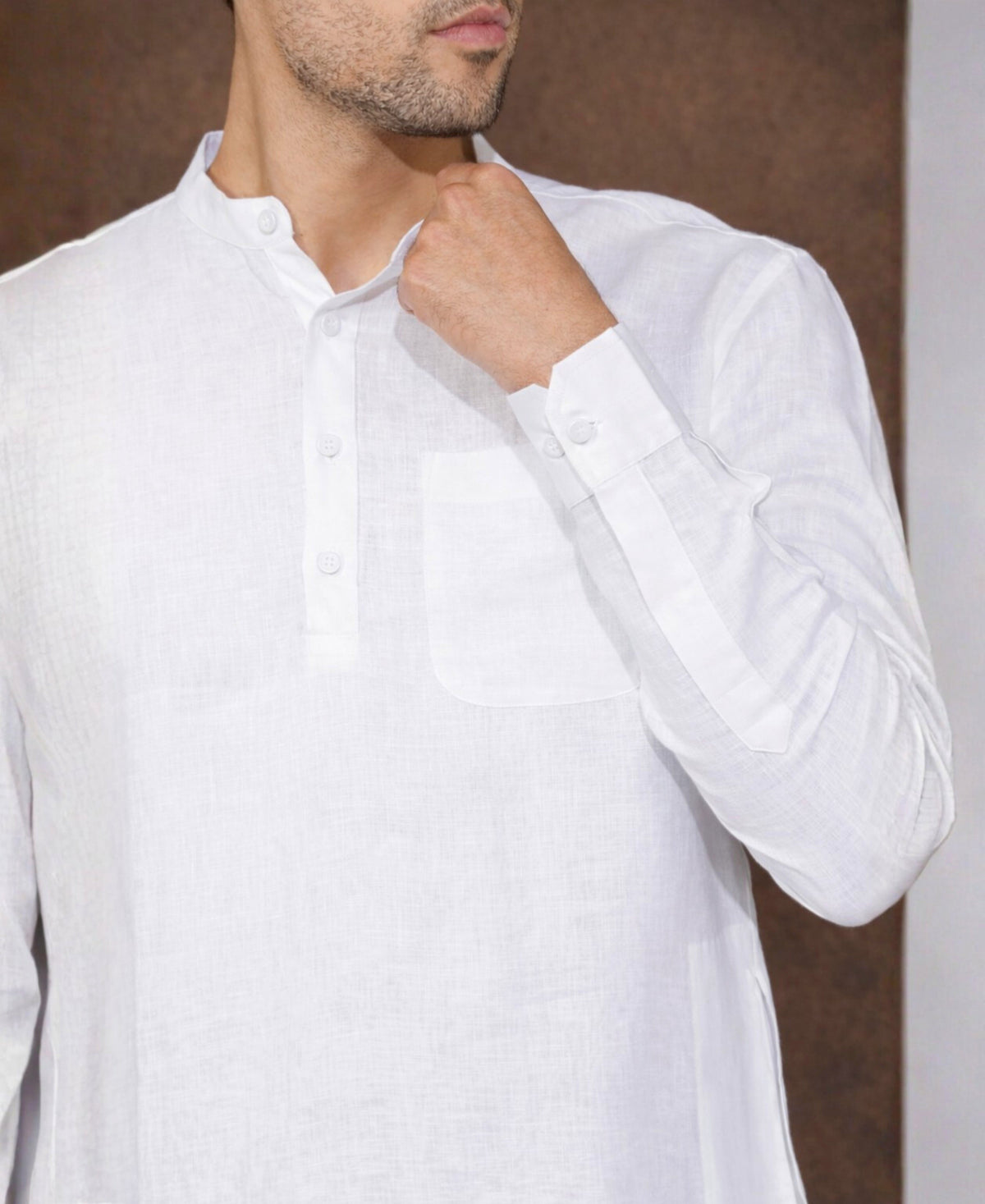 Solid Pattern White Linen Kurta With Long Sleeve