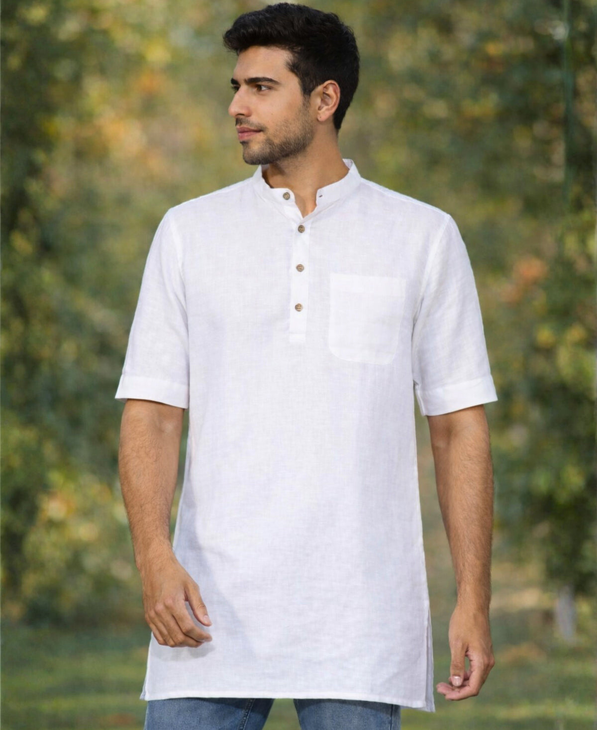 Half Sleeve Stylish Pure Linen Kurta With Wooden Button