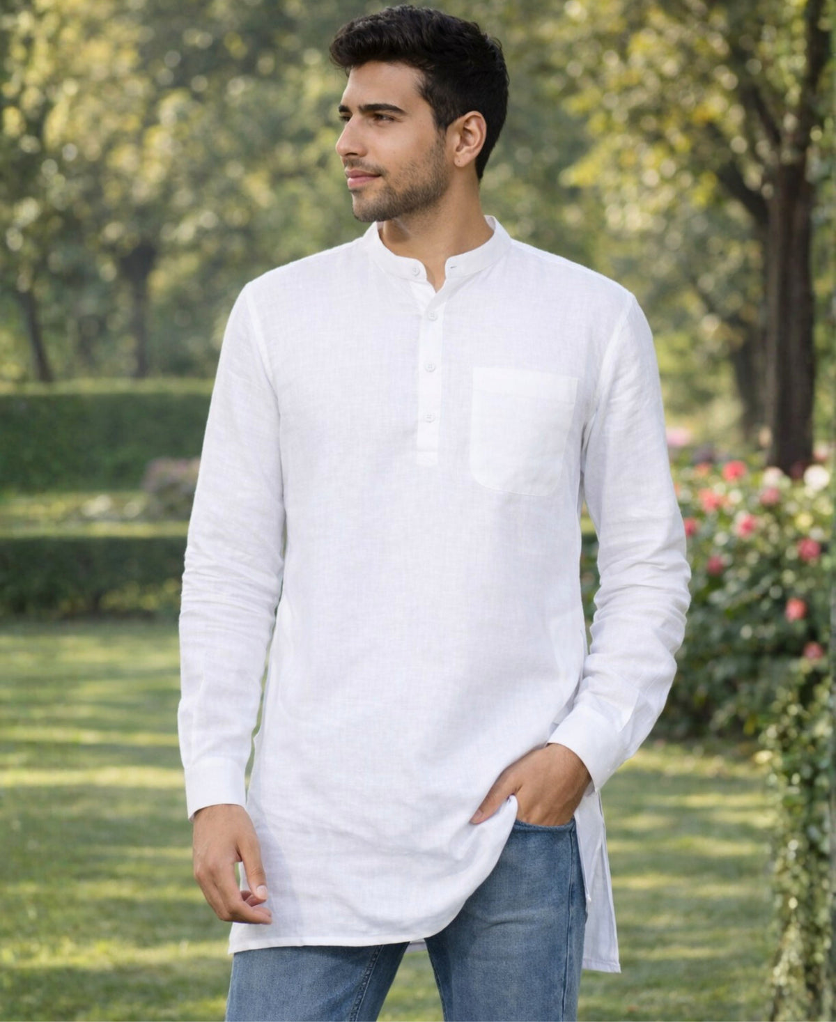 Premium Pure Linen Full Sleeve Kurta for Men in White