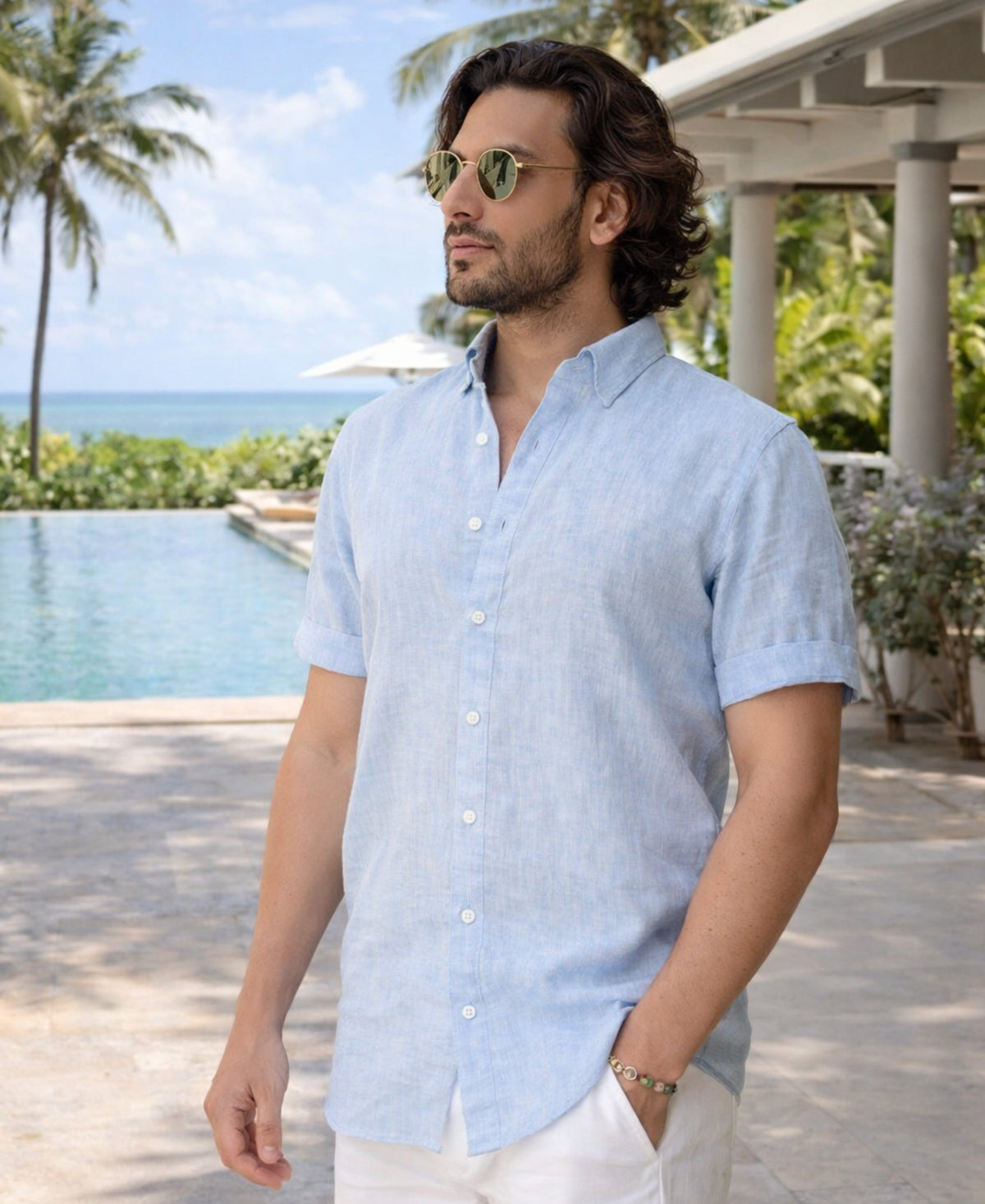 Luxury Pure Linen Half Sleeve Sky Blue Shirt for Men