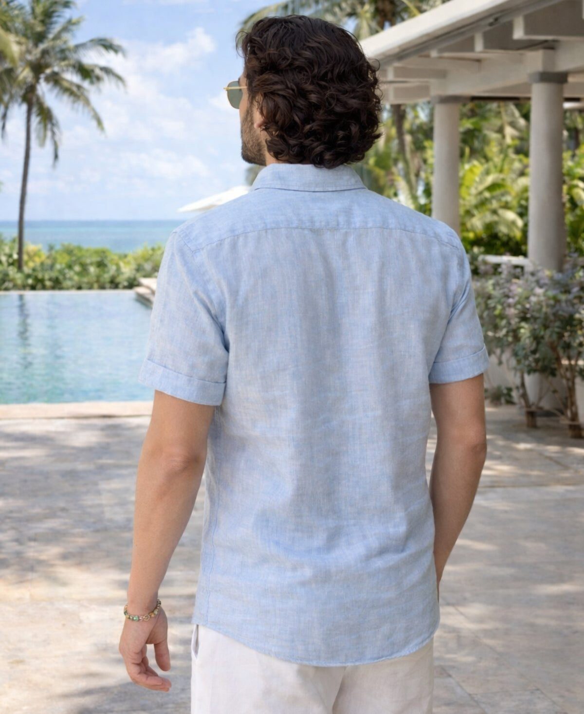 Luxury Pure Linen Half Sleeve Sky Blue Shirt for Men