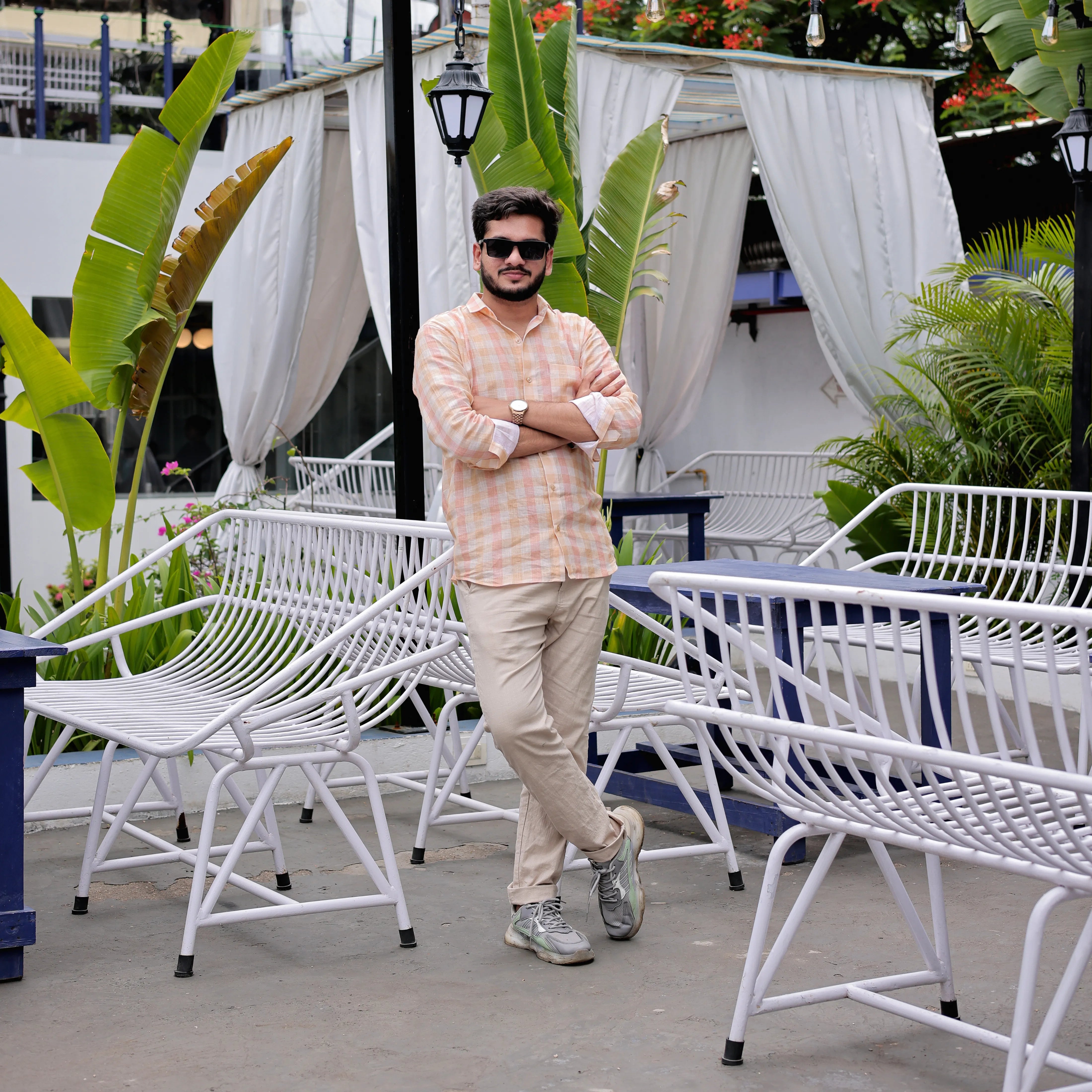 peach checked linen shirt men