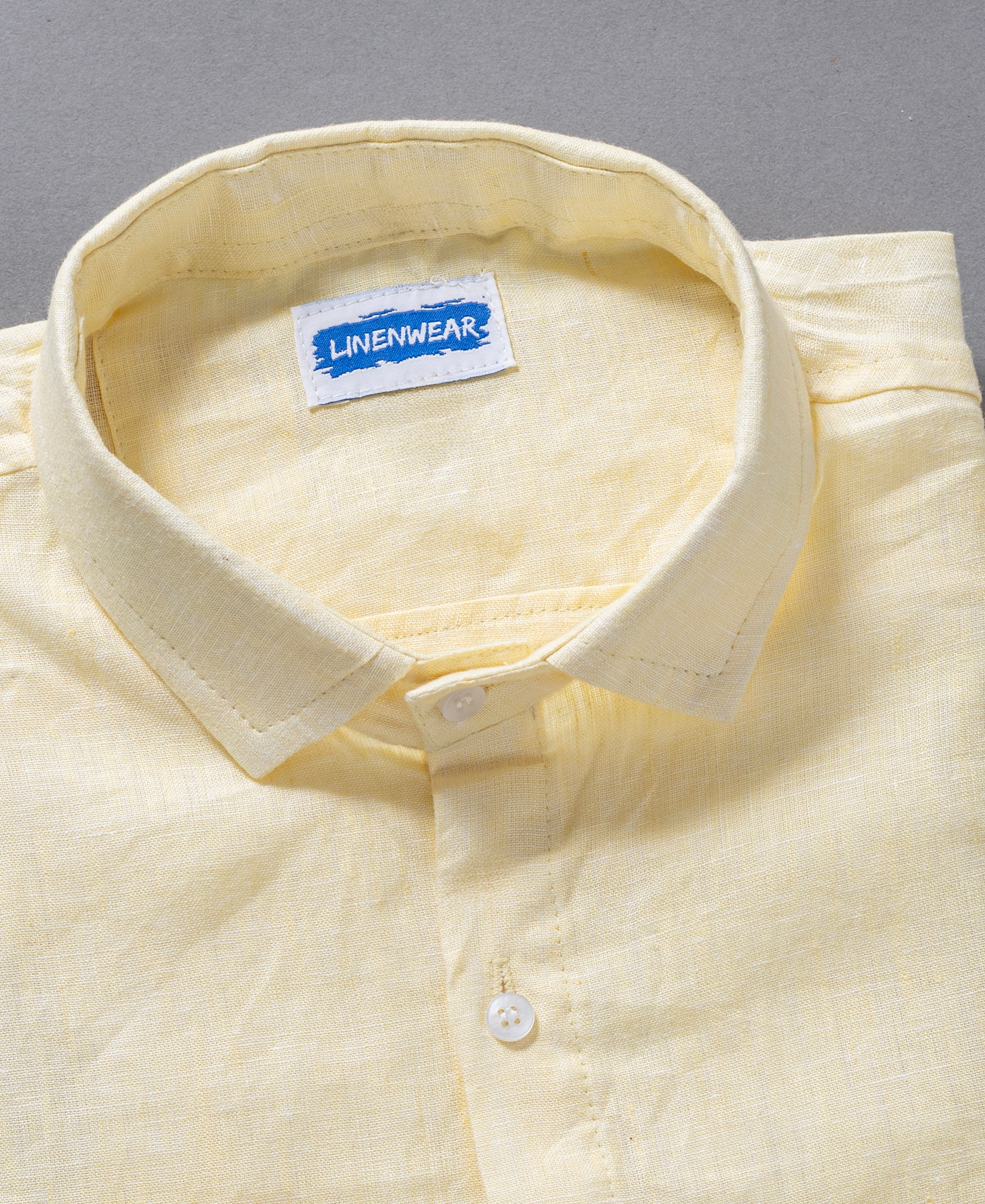 Light Yellow Solid Pure Linen Spread Collar Shirt for Men