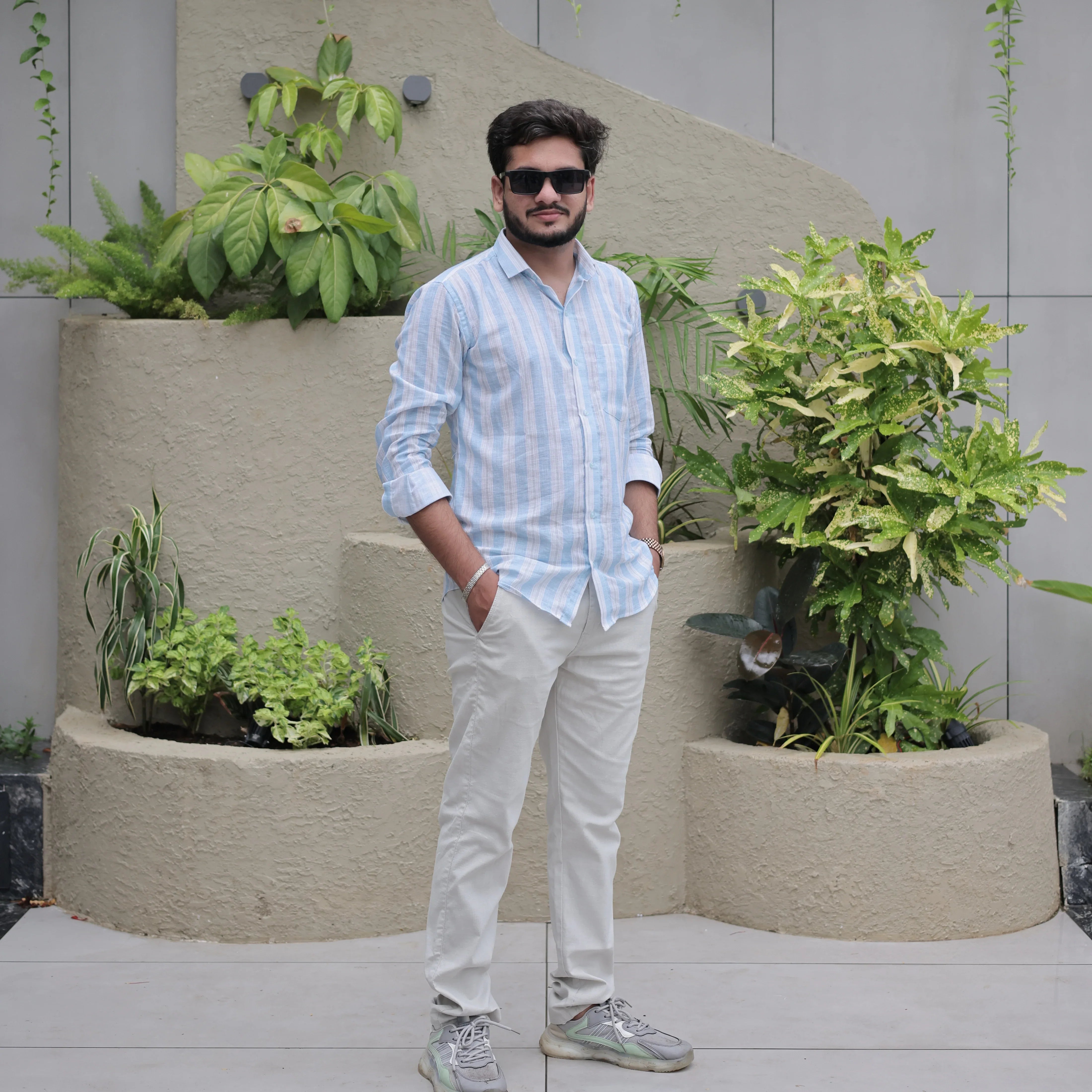 Full Sleeve Blue Cotton Linen Vertical Striped Shirt