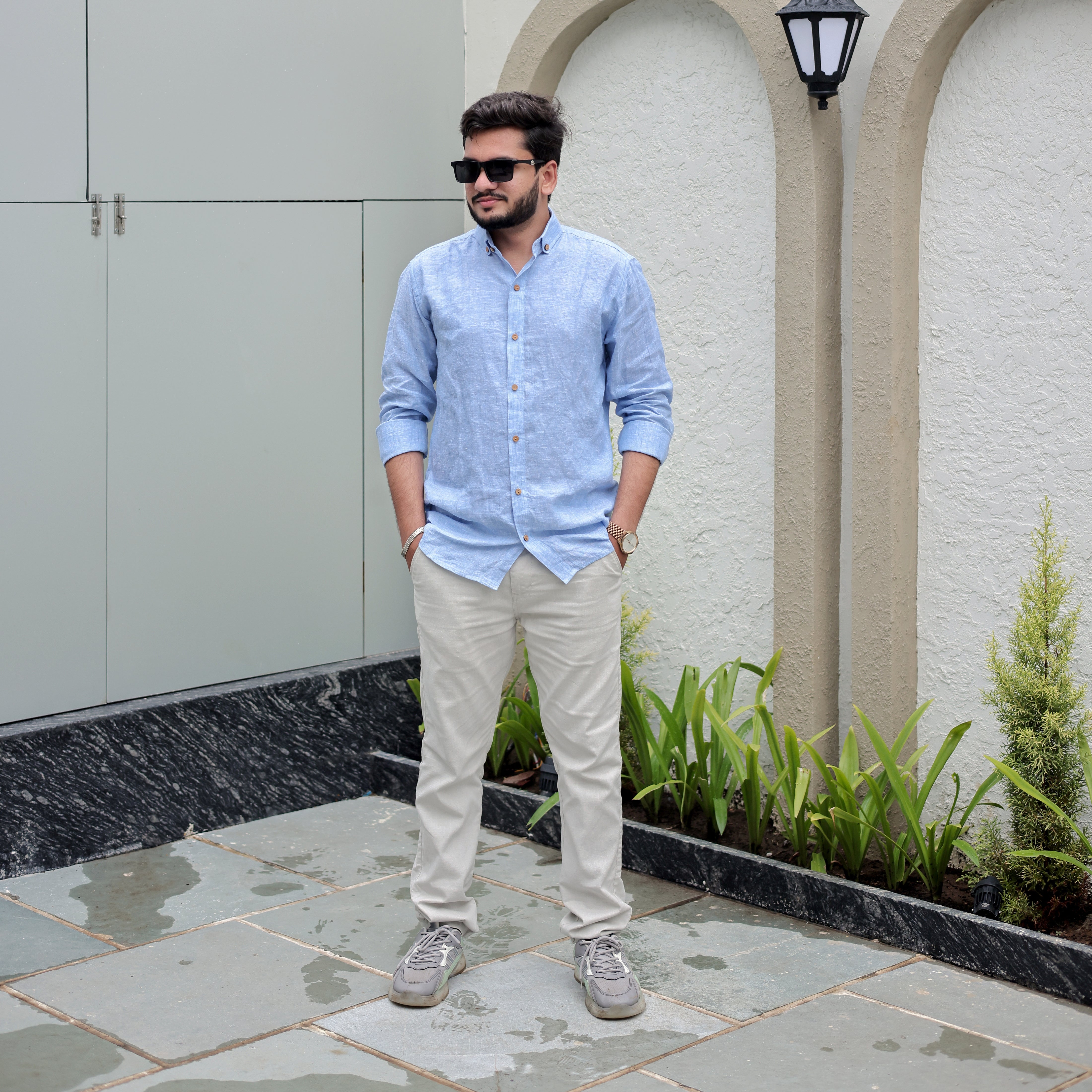 plain blue linen shirt