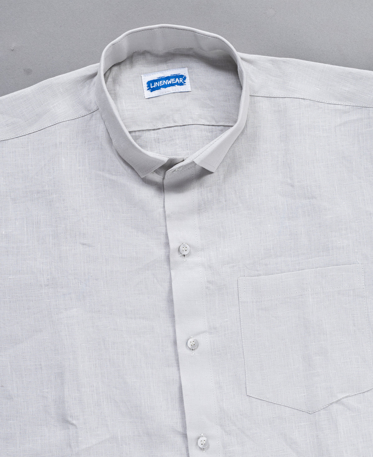 Light Grey Pure Linen Shirt With Spread Collar and Chest Pocket