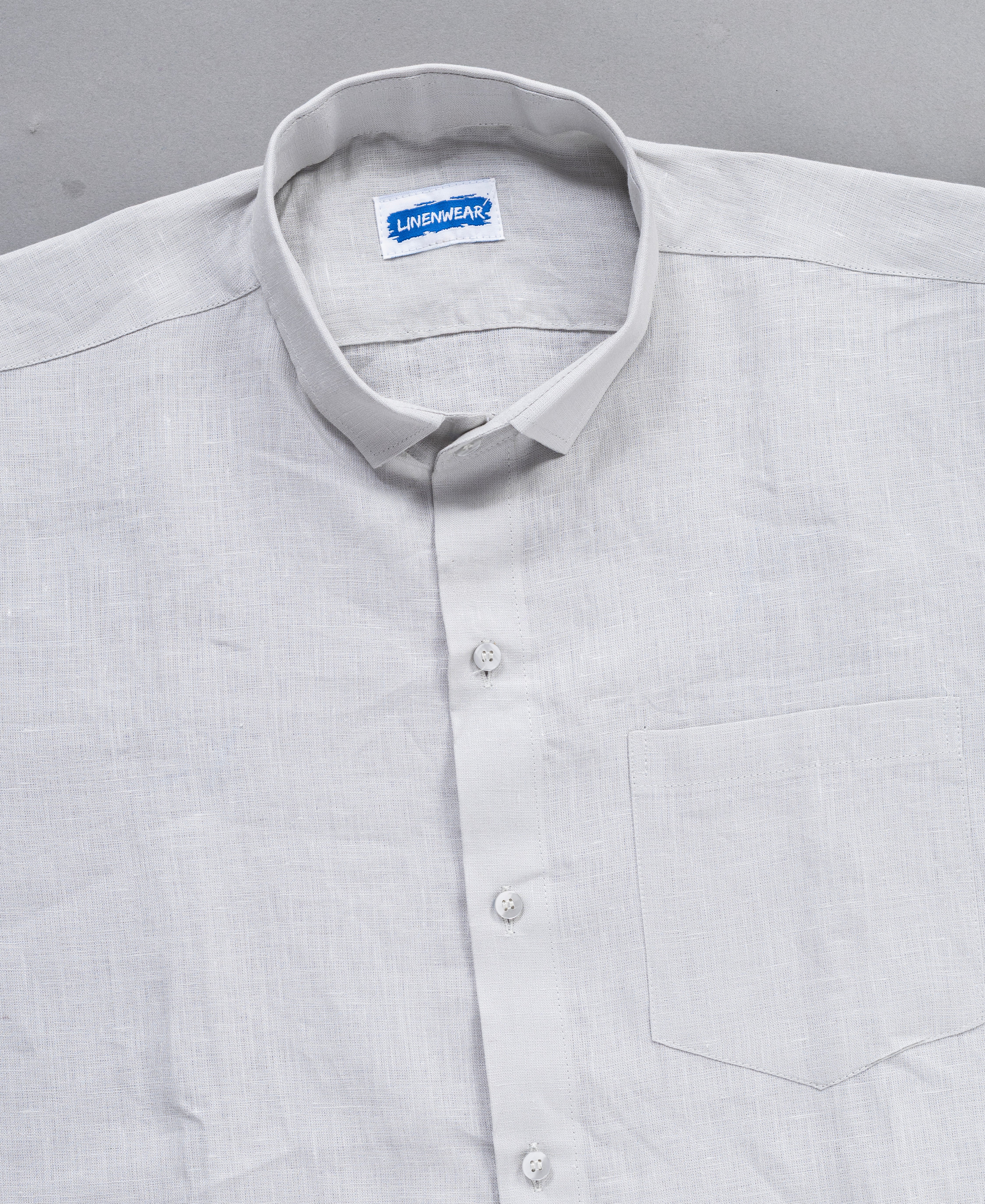 Light Grey Pure Linen Shirt With Spread Collar and Chest Pocket