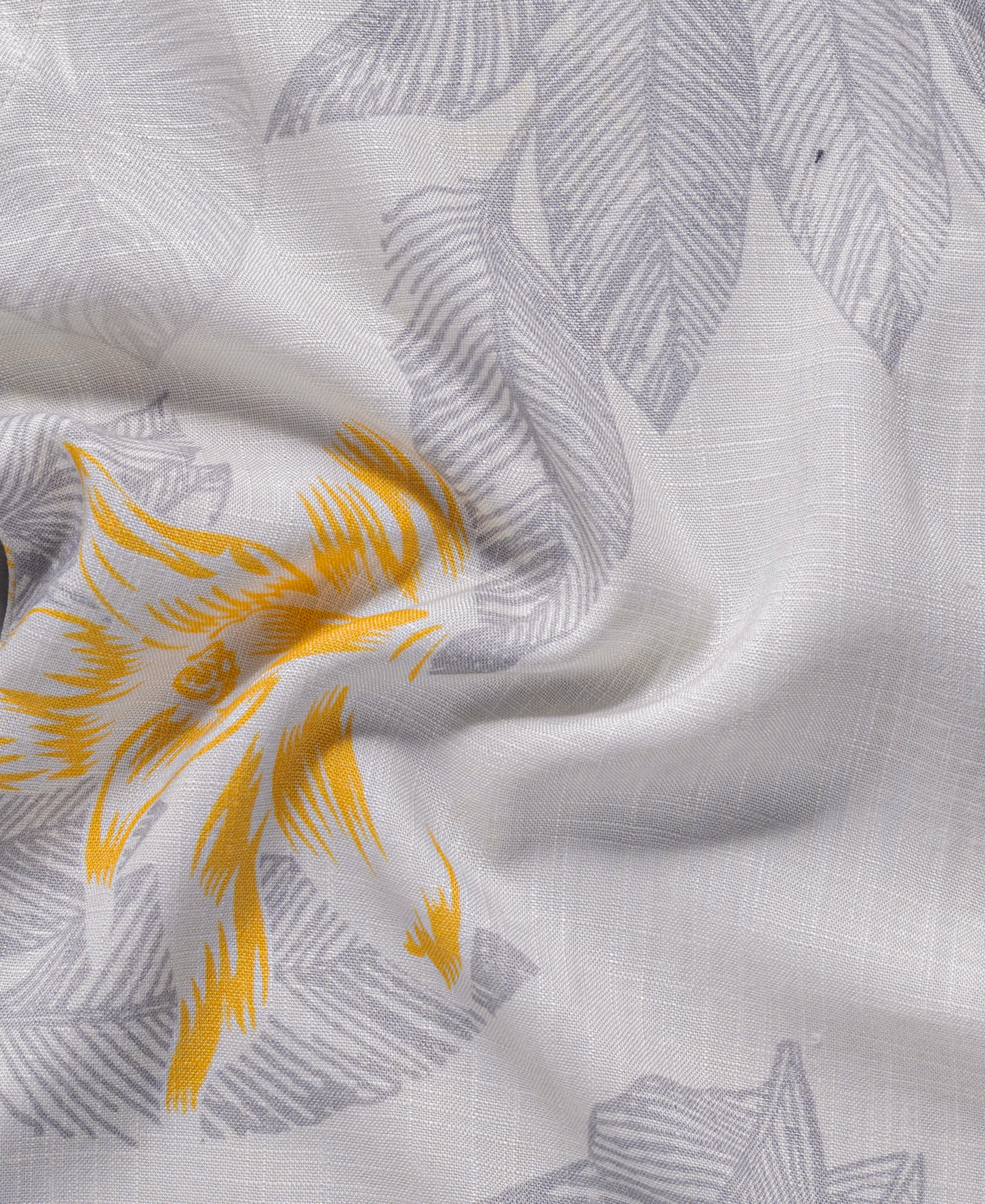 Gray Hemp Linen Printed Shirt For Men With Leaf Pattern Design