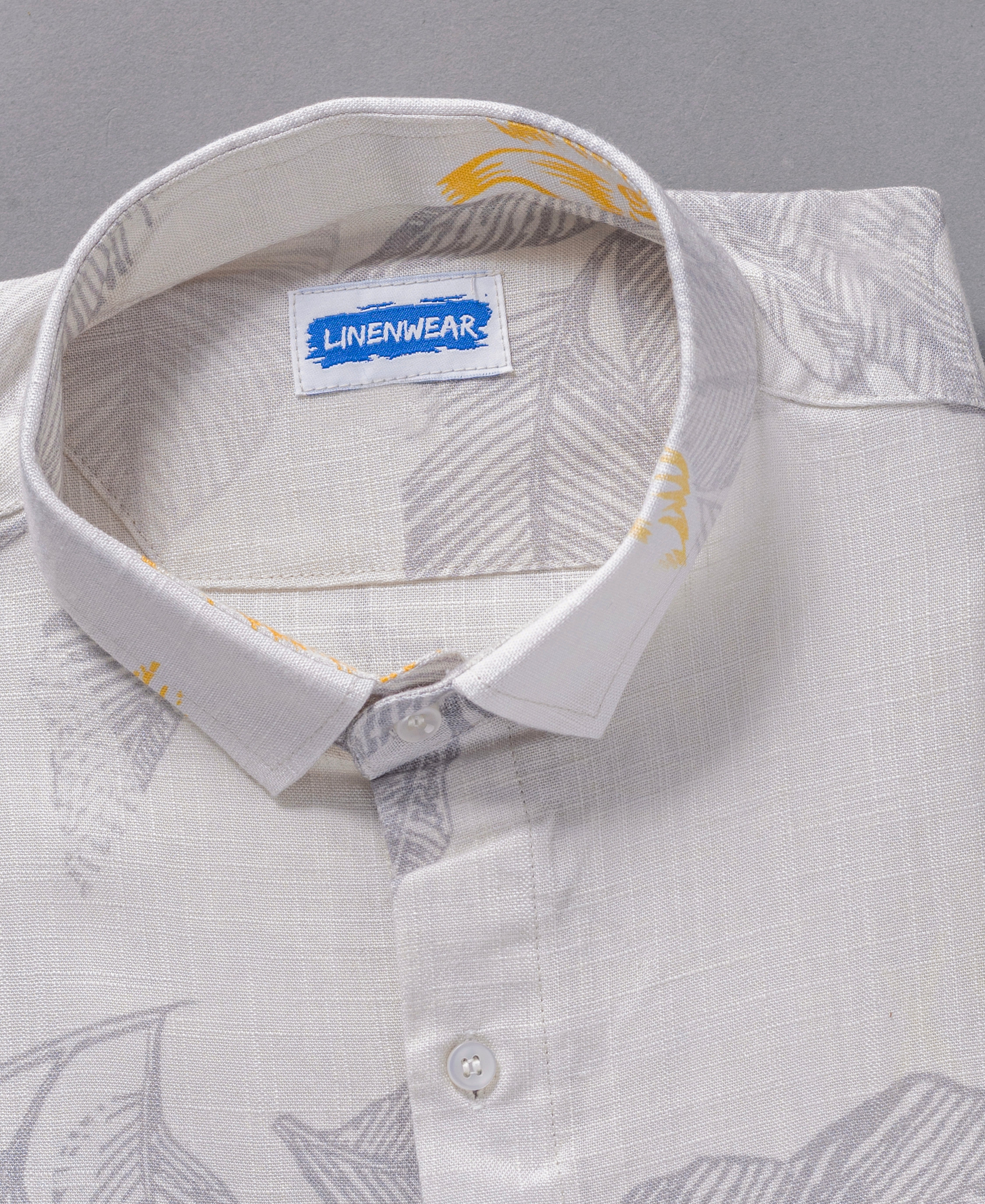 Gray Hemp Linen Printed Shirt For Men With Leaf Pattern Design