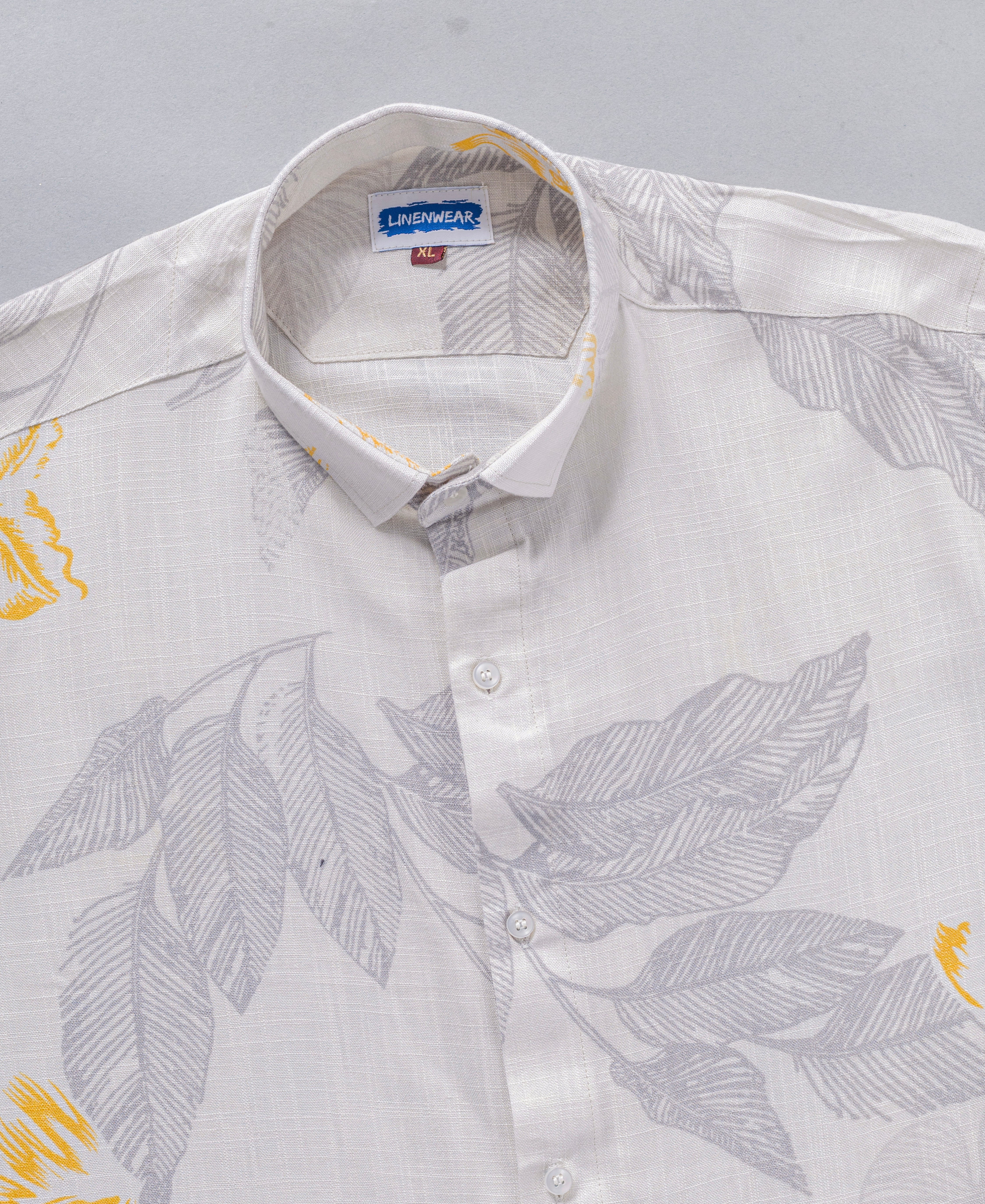Gray Hemp Linen Printed Shirt For Men With Leaf Pattern Design