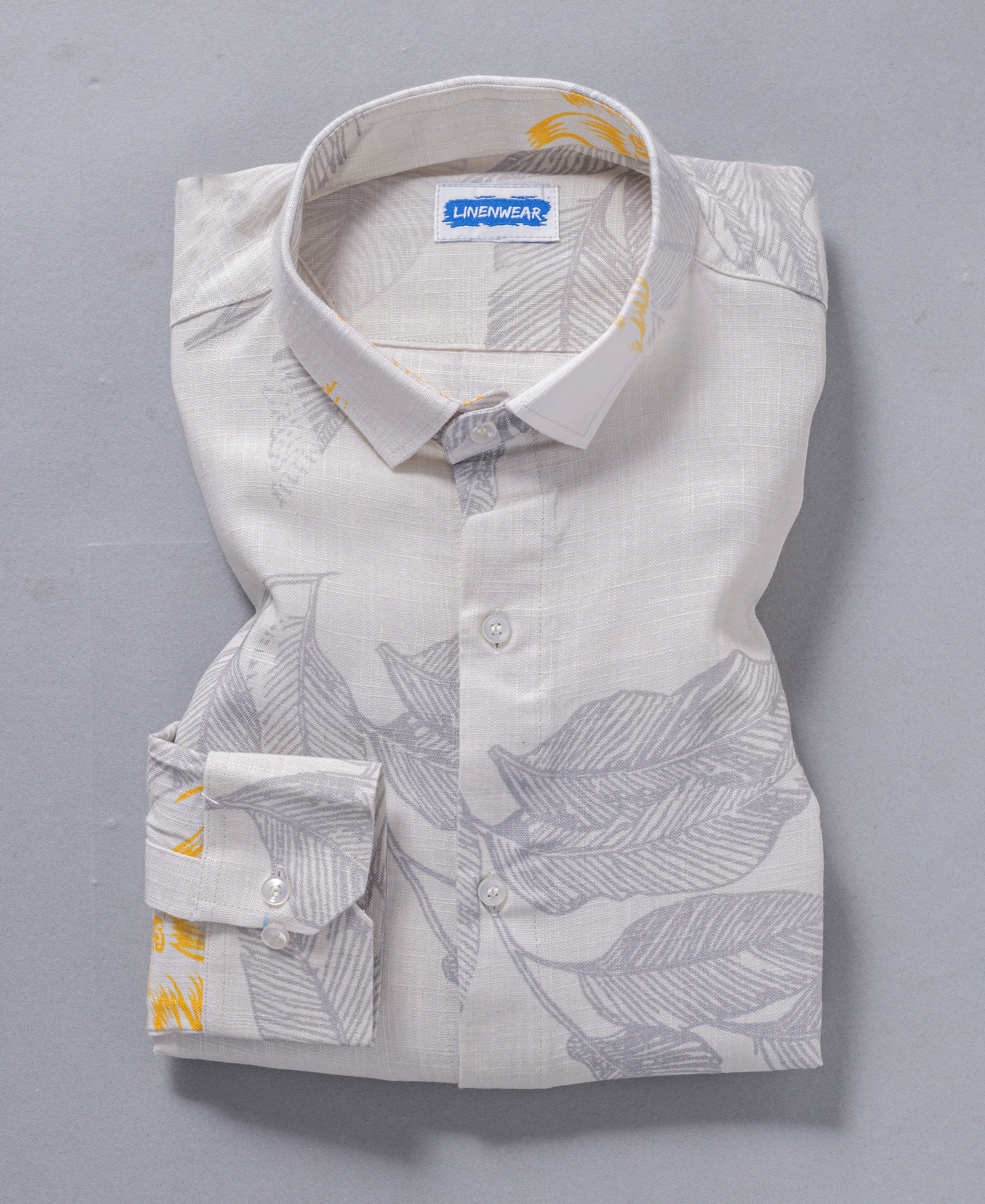 Gray Hemp Linen Printed Shirt For Men With Leaf Pattern Design