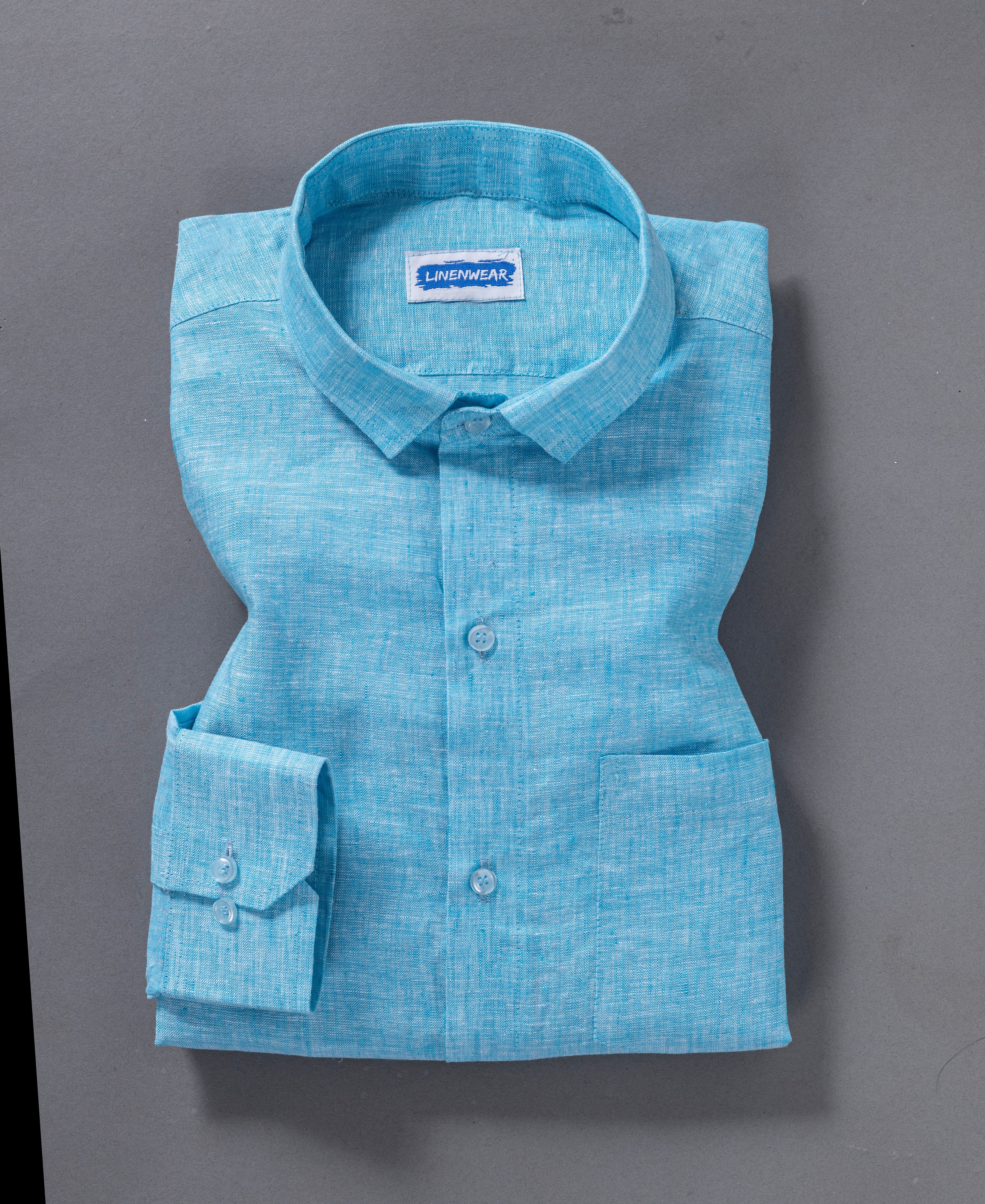 Turquoise Blue Pure Linen Shirt With Long Sleeve