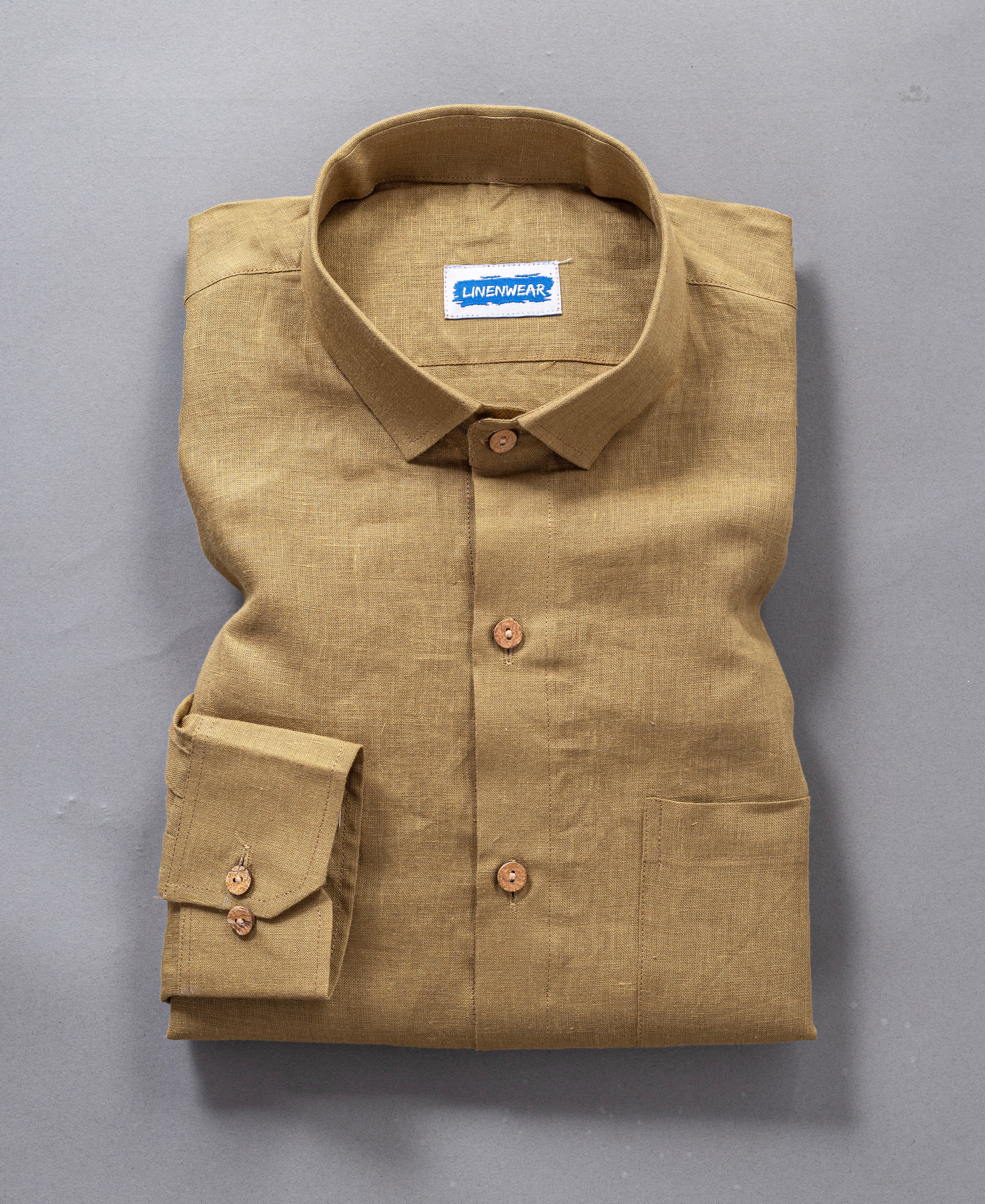 Olive Brown Pure Linen Shirt Relaxed Fit With Pocket