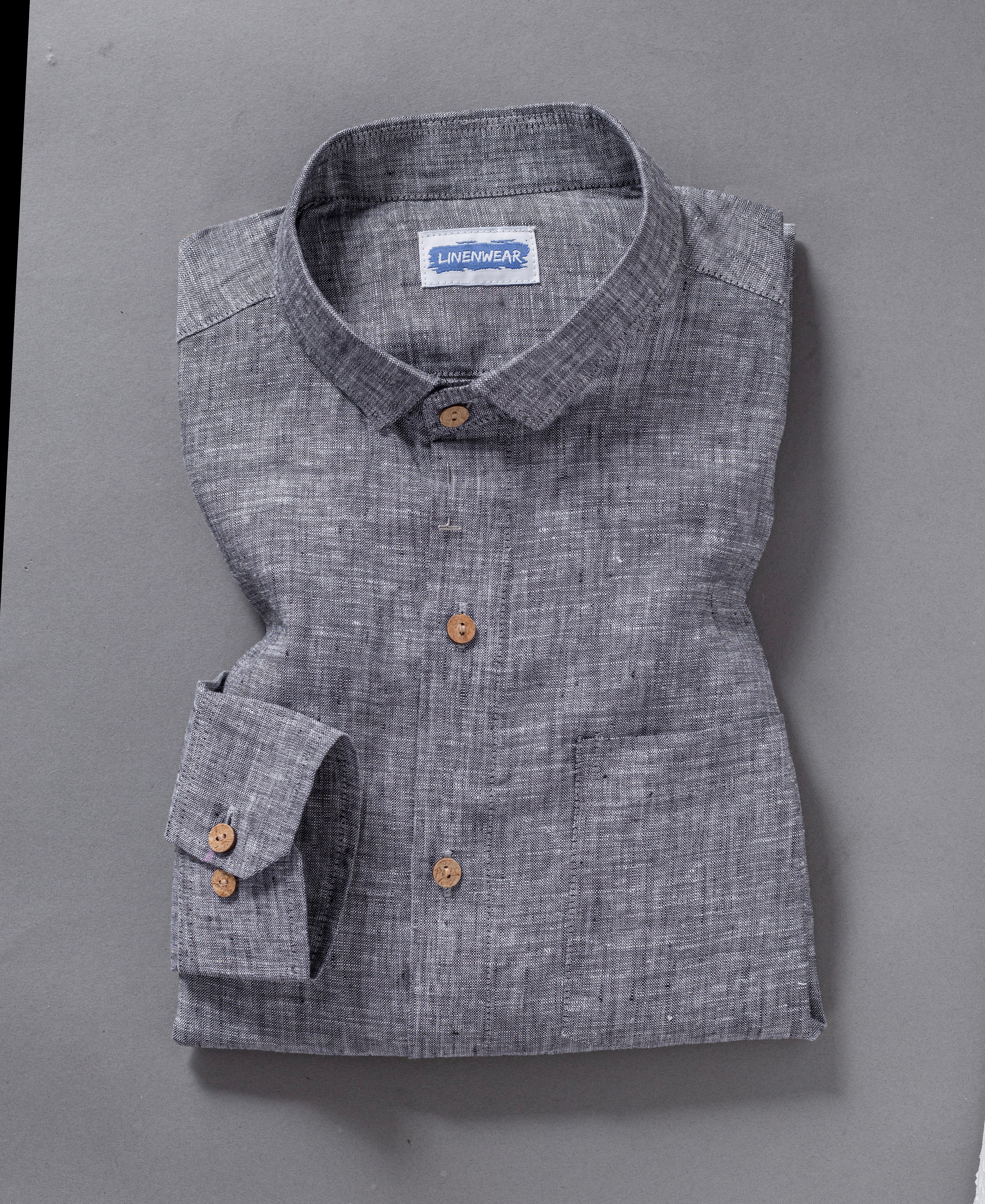 Charcoal Grey Pure Linen Modern Shirt With Front Pocket