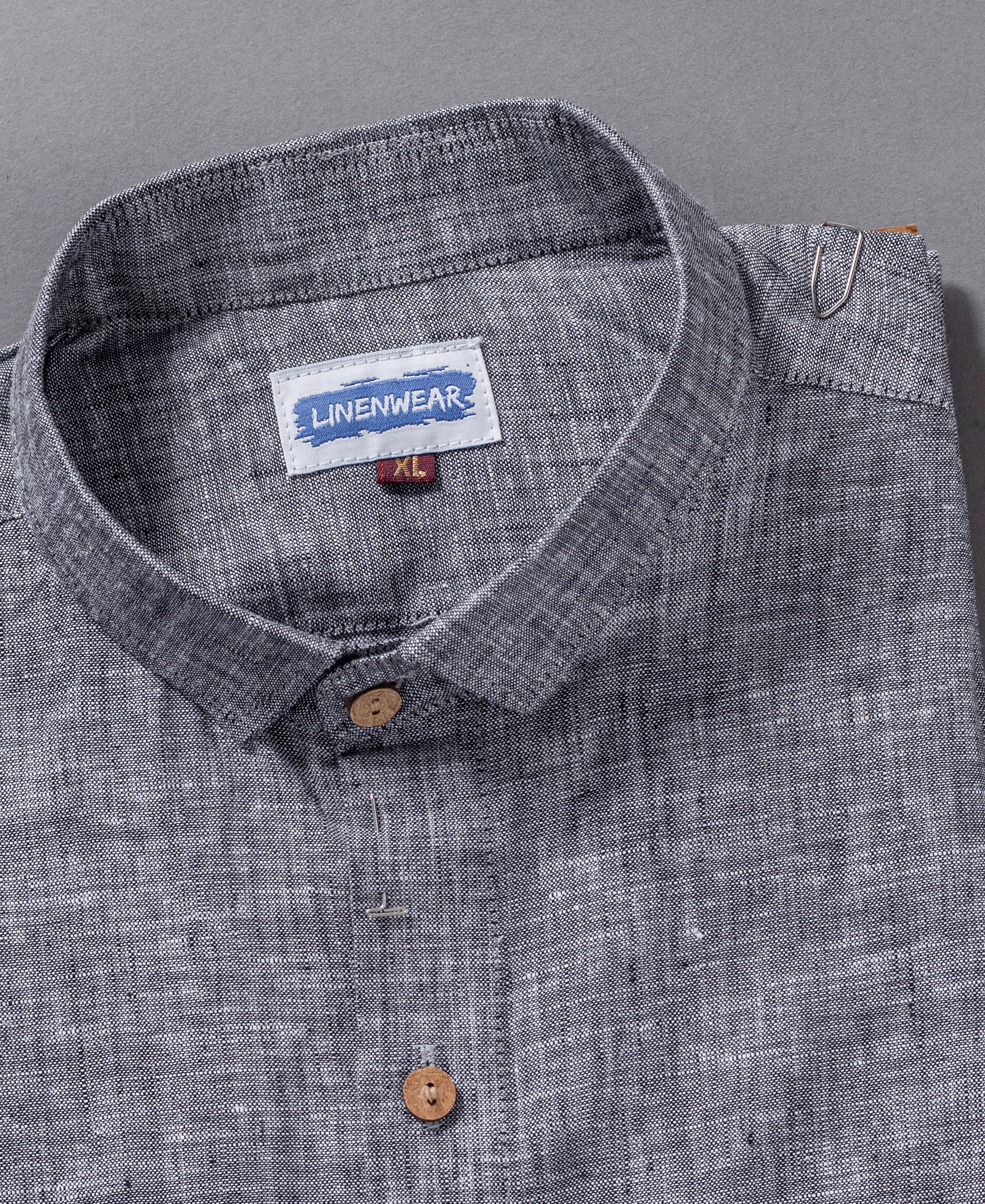 Charcoal Grey Pure Linen Modern Shirt With Front Pocket