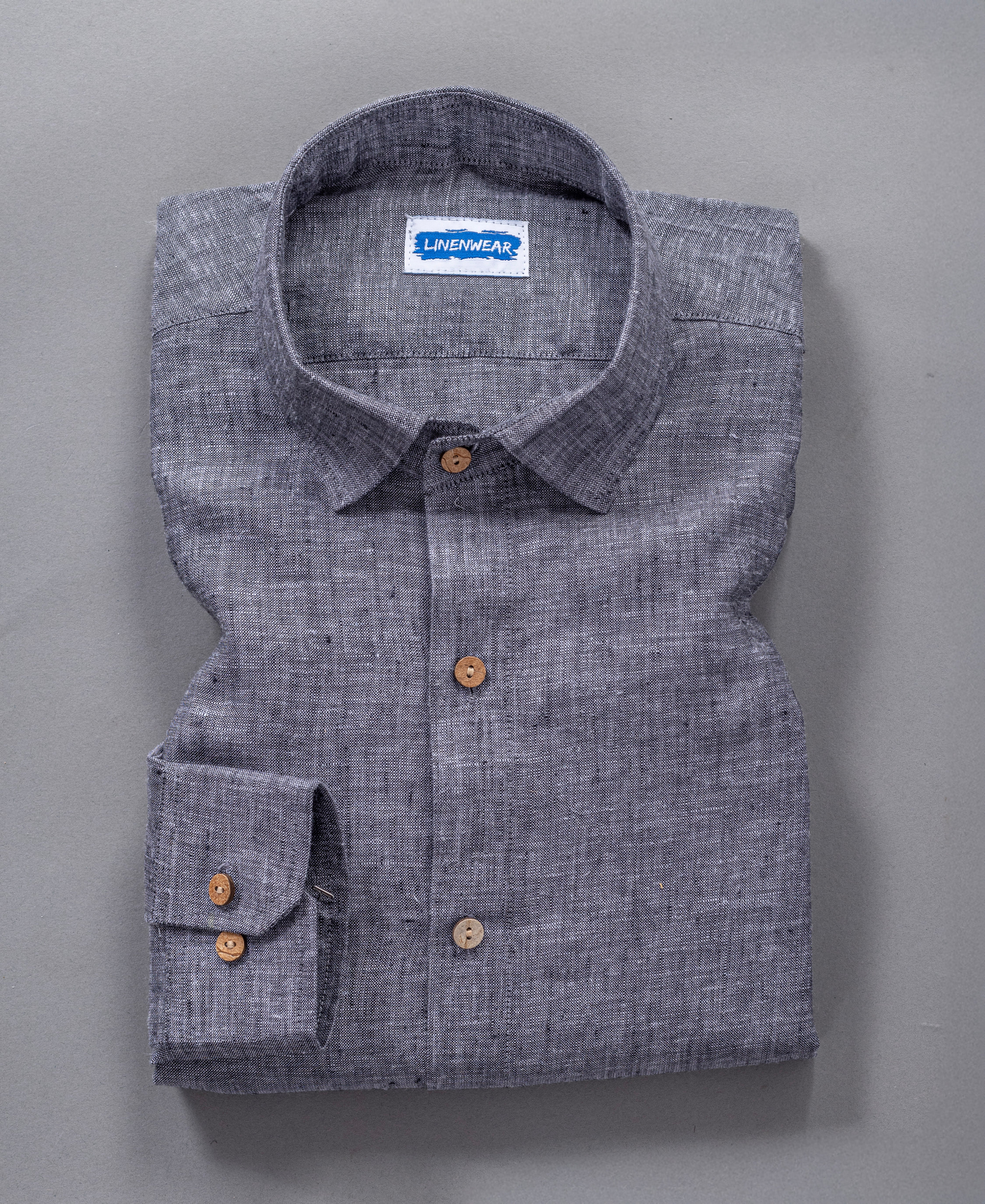 Dark Grey Pure Linen Shirt Rustic Texture With Wooden Buttons