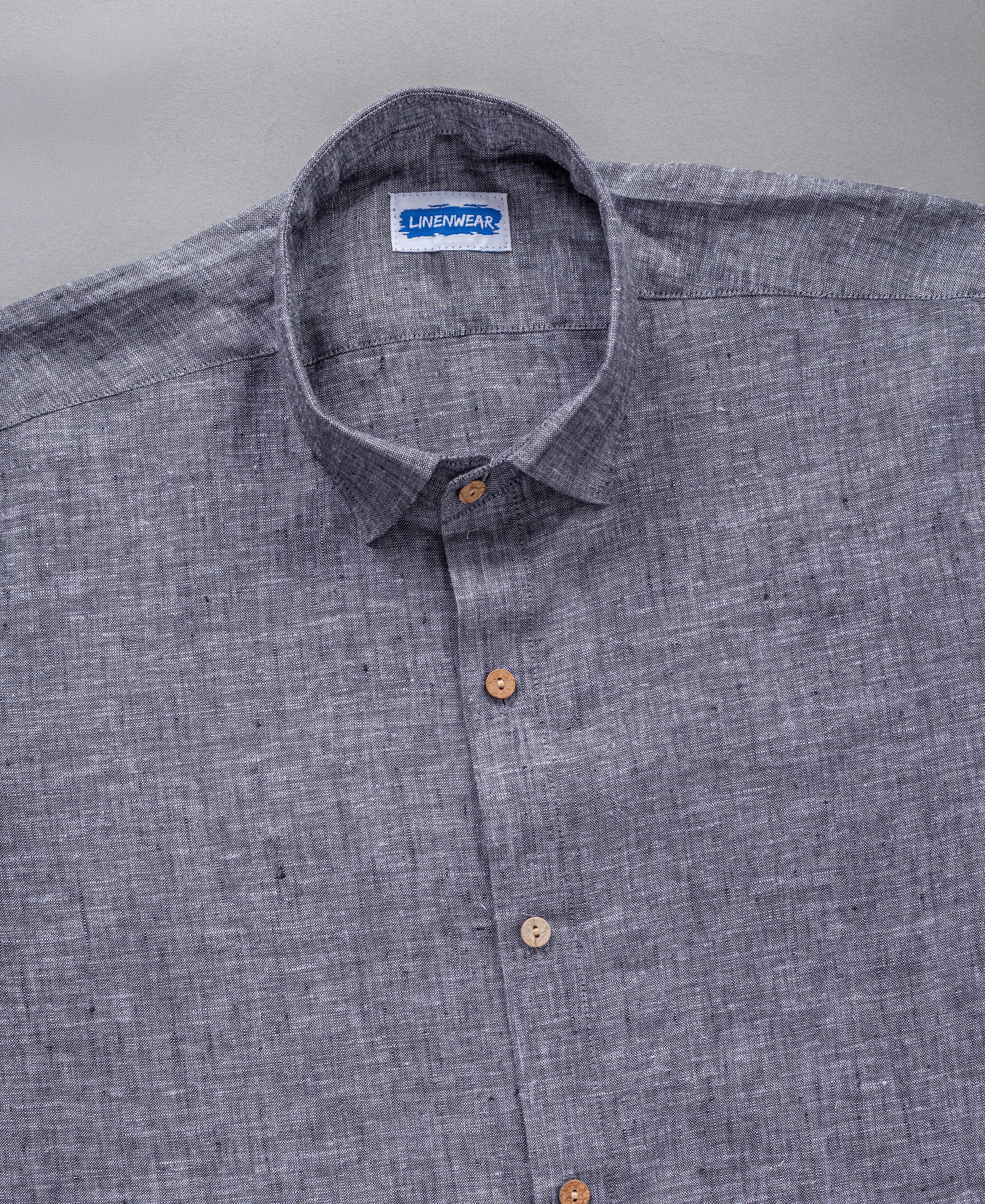Dark Grey Pure Linen Shirt Rustic Texture With Wooden Buttons
