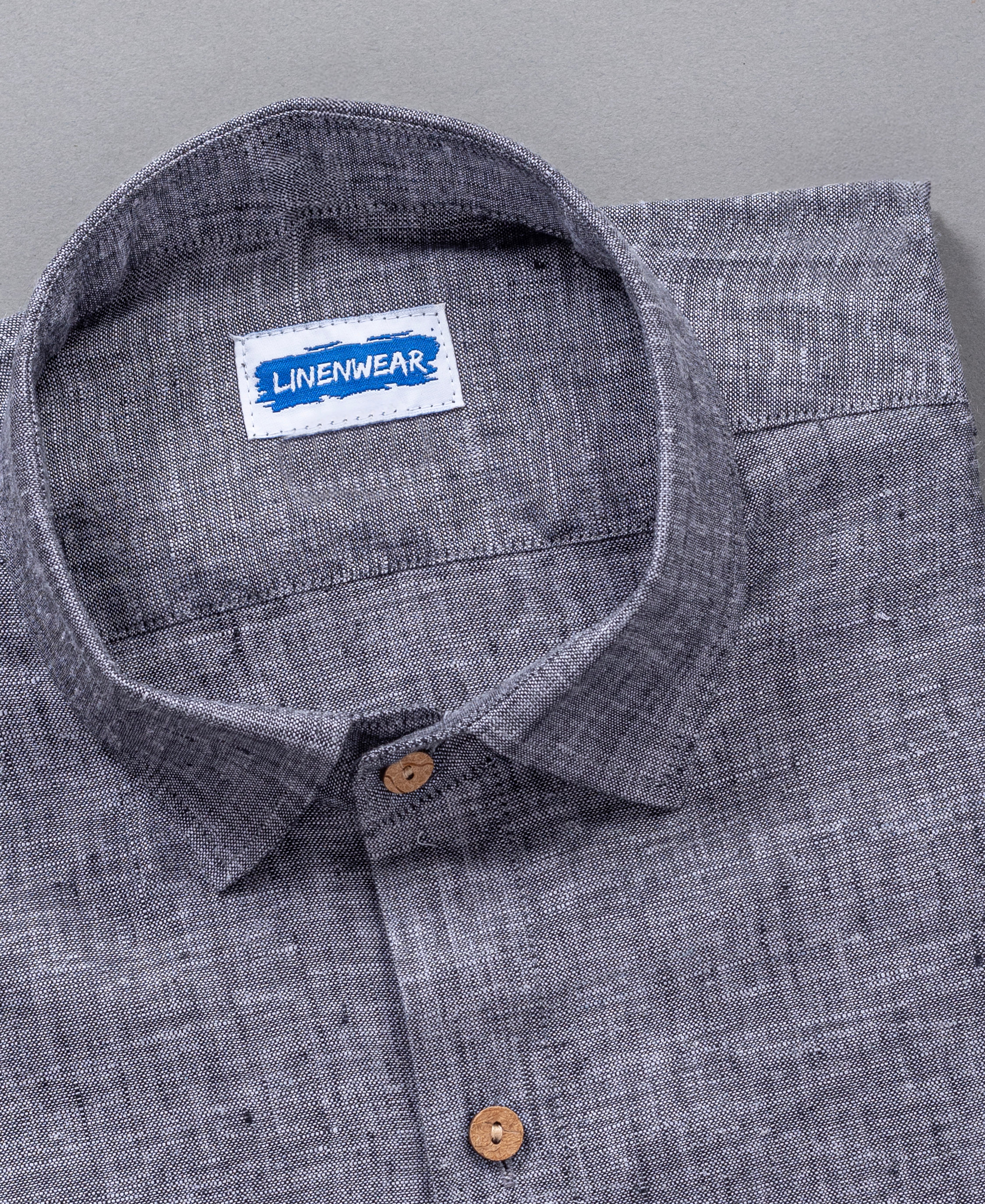Dark Grey Pure Linen Shirt Rustic Texture With Wooden Buttons