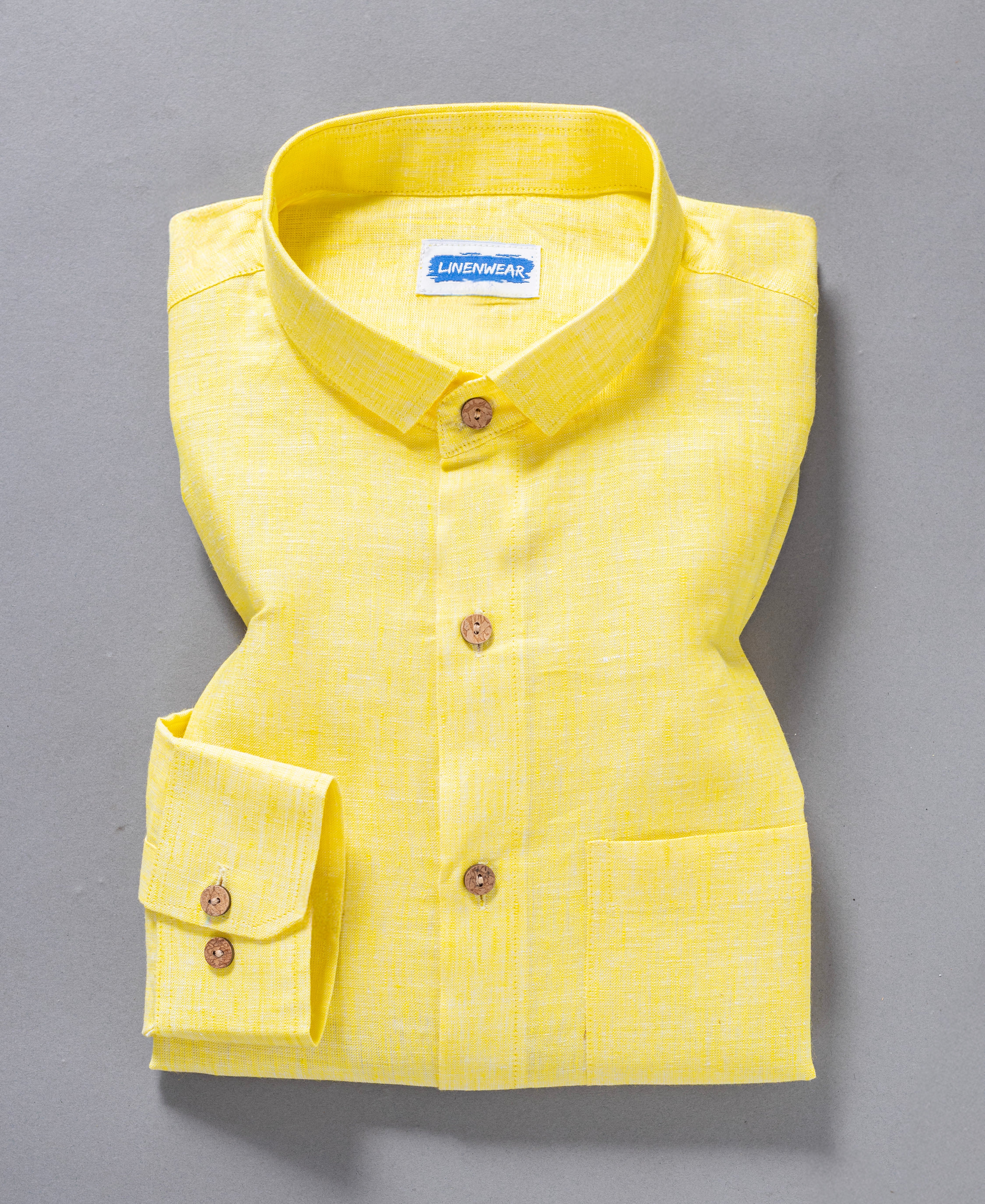 Yellow Pure Linen Full Sleeve Shirt For Men Comfort