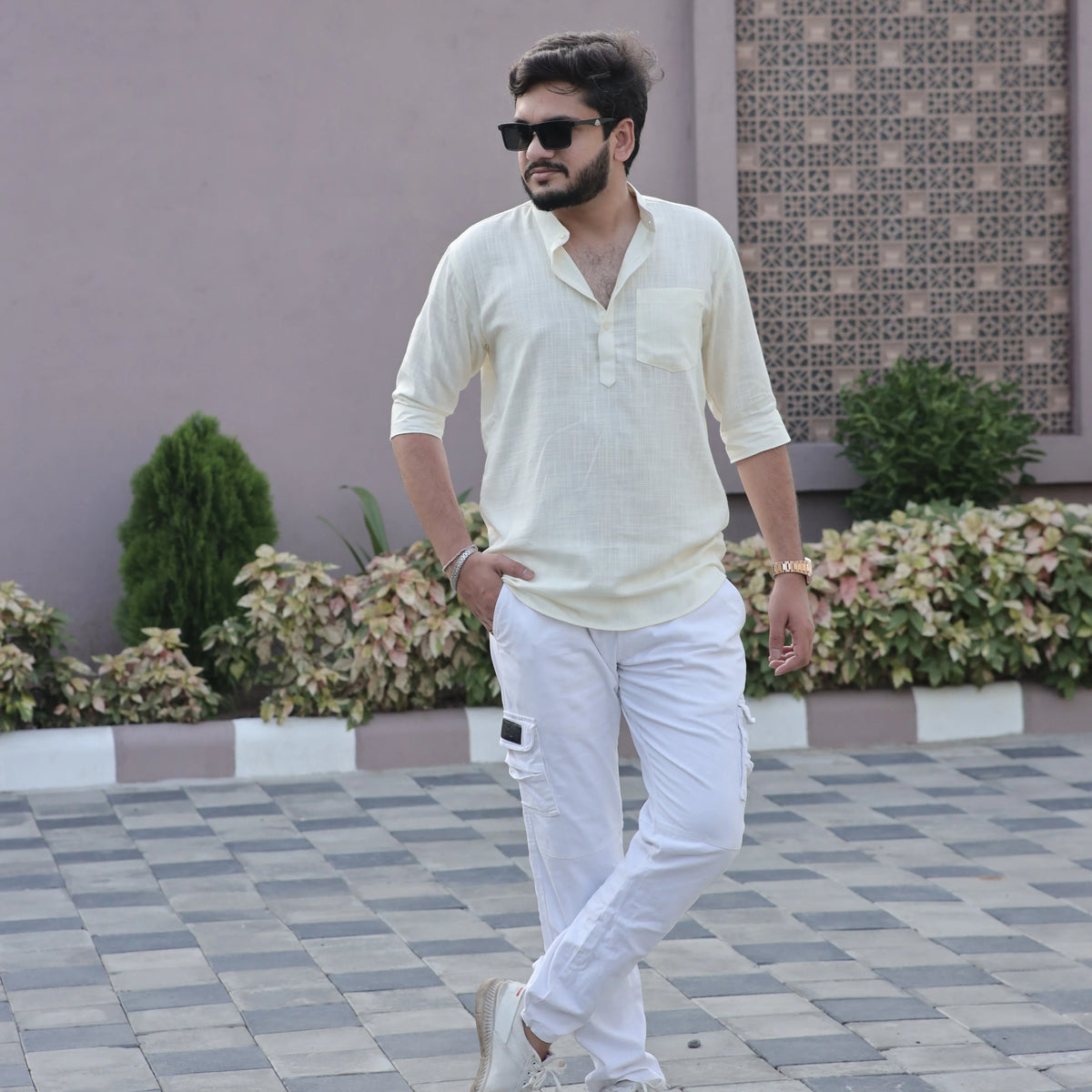 Men's Light Yellow Fancy Linen Dyed Kurta with Band Collar & Pocket