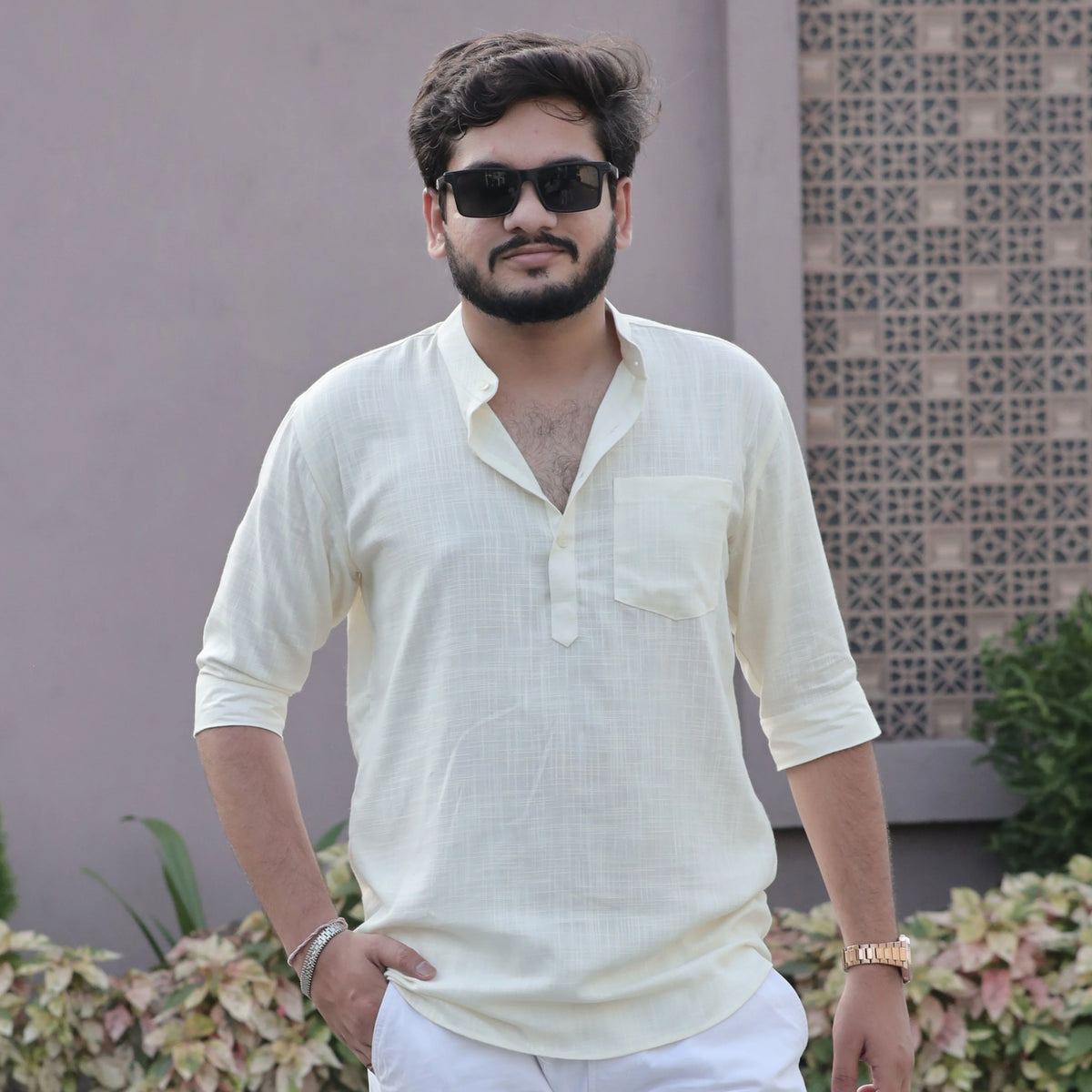 Men's Light Yellow Fancy Linen Dyed Kurta with Band Collar & Pocket