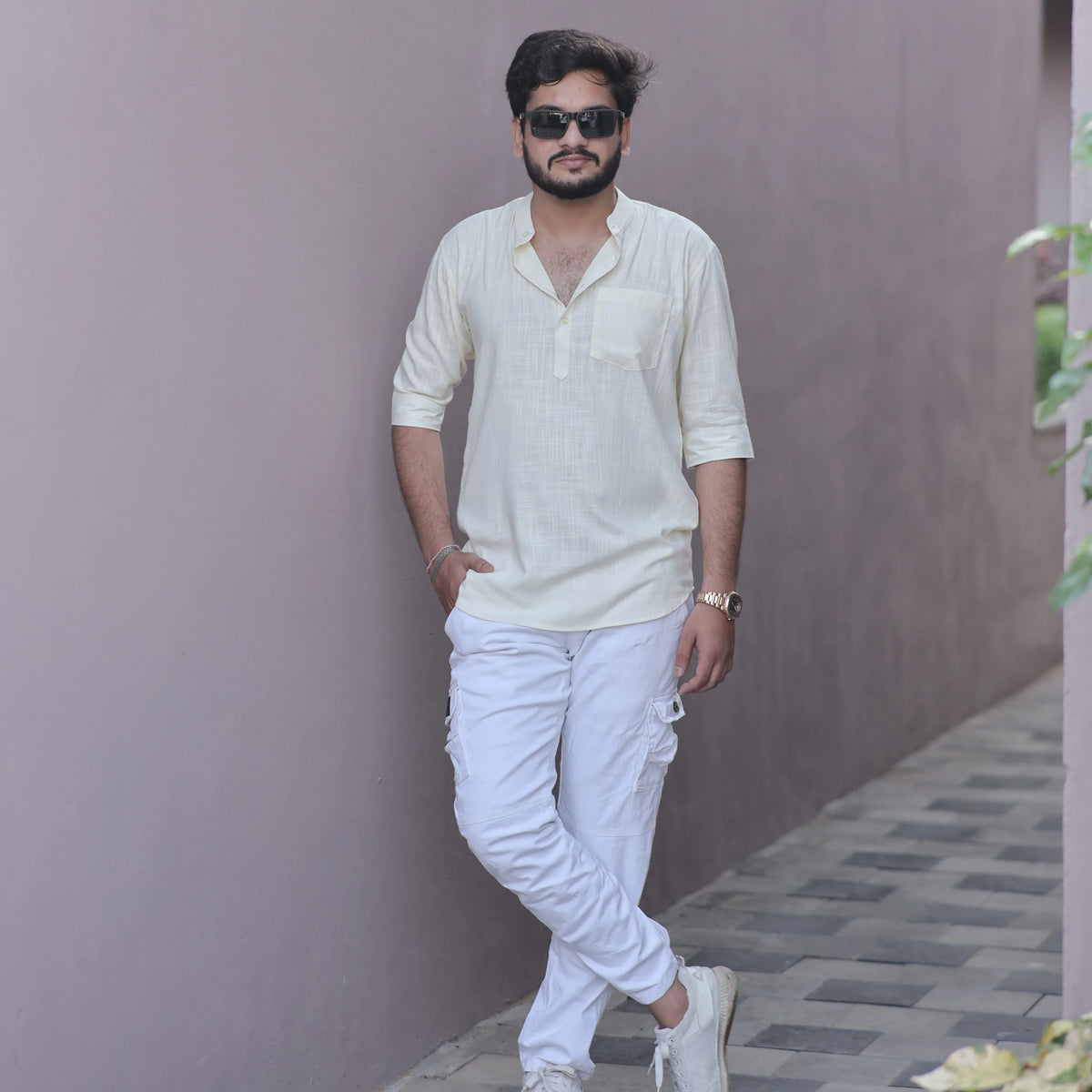 Men's Light Yellow Fancy Linen Dyed Kurta with Band Collar & Pocket
