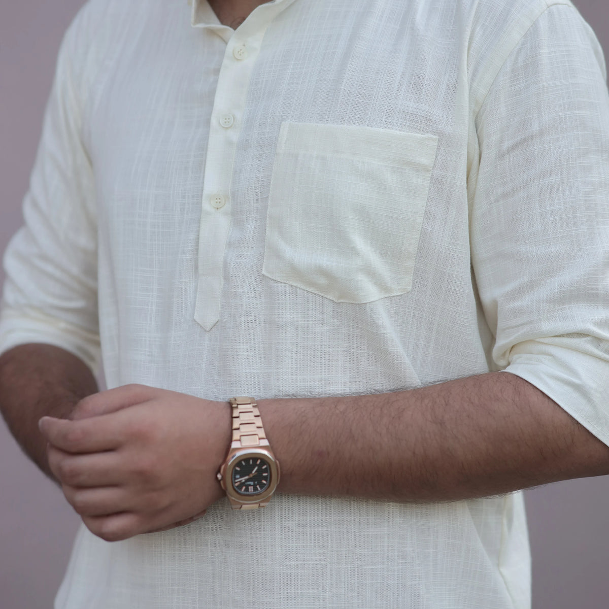 Men's Light Yellow Fancy Linen Dyed Kurta with Band Collar & Pocket