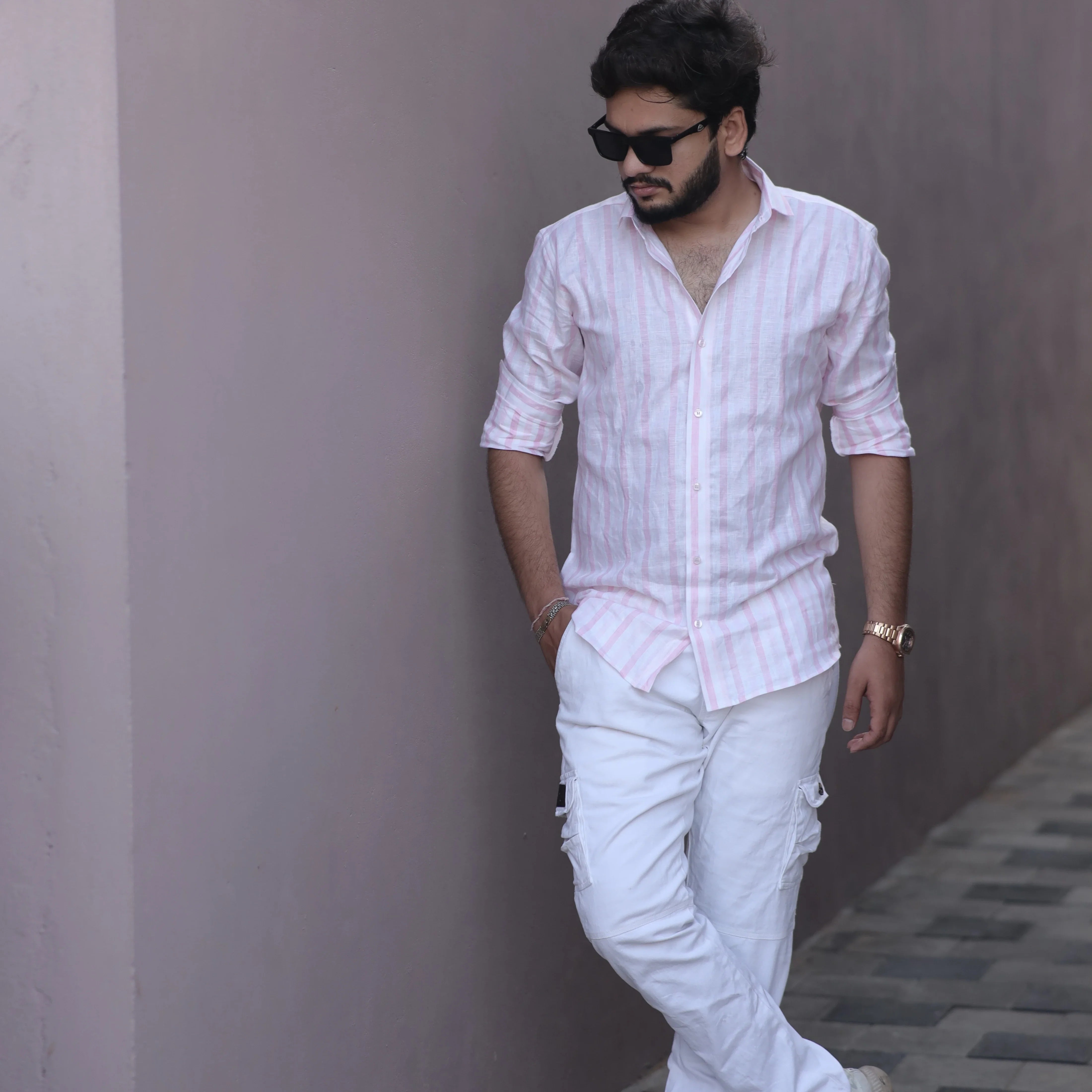 Pink Striped Pure Linen Shirt for Men – Long Sleeve Regular Collar