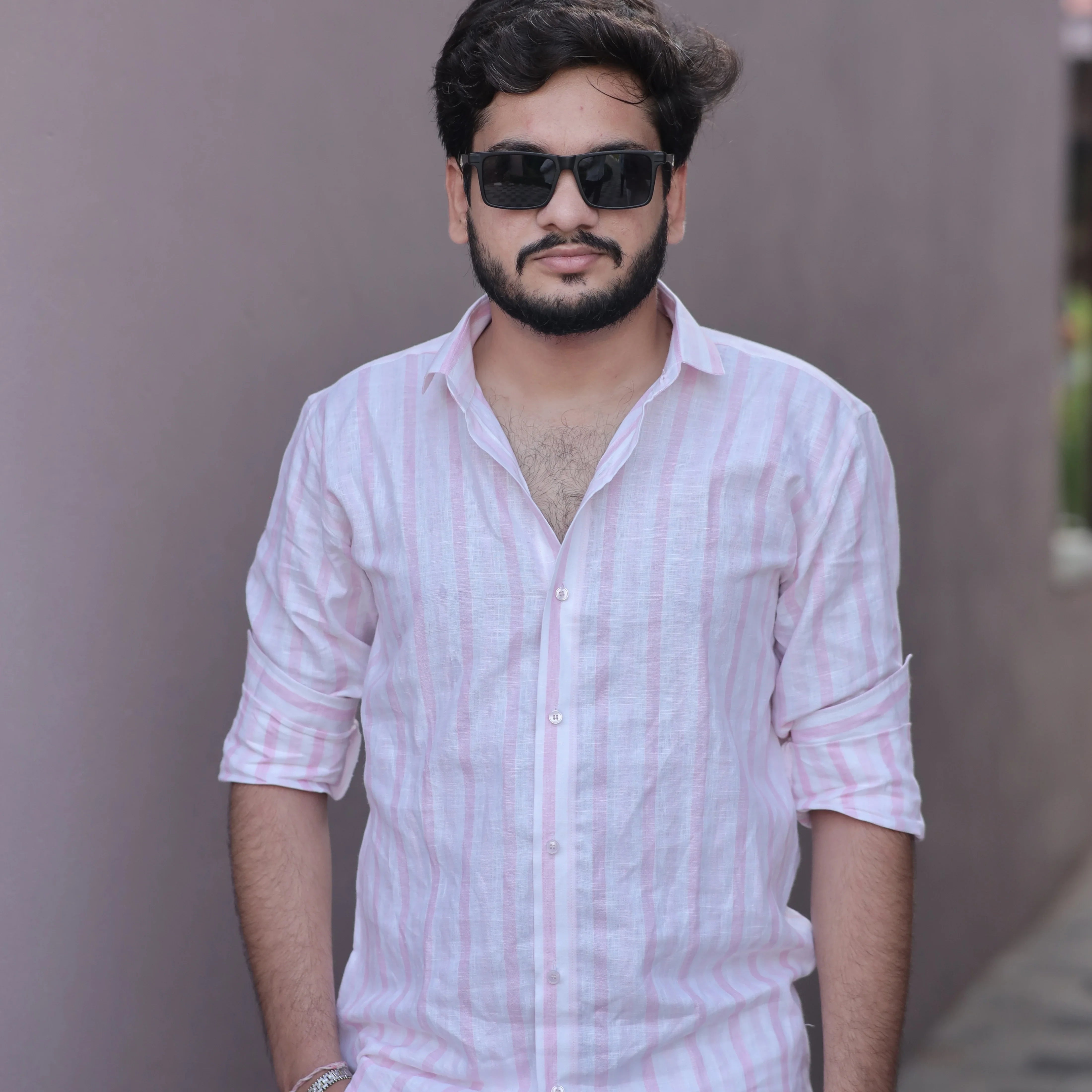 Pink Striped Pure Linen Shirt for Men – Long Sleeve Regular Collar