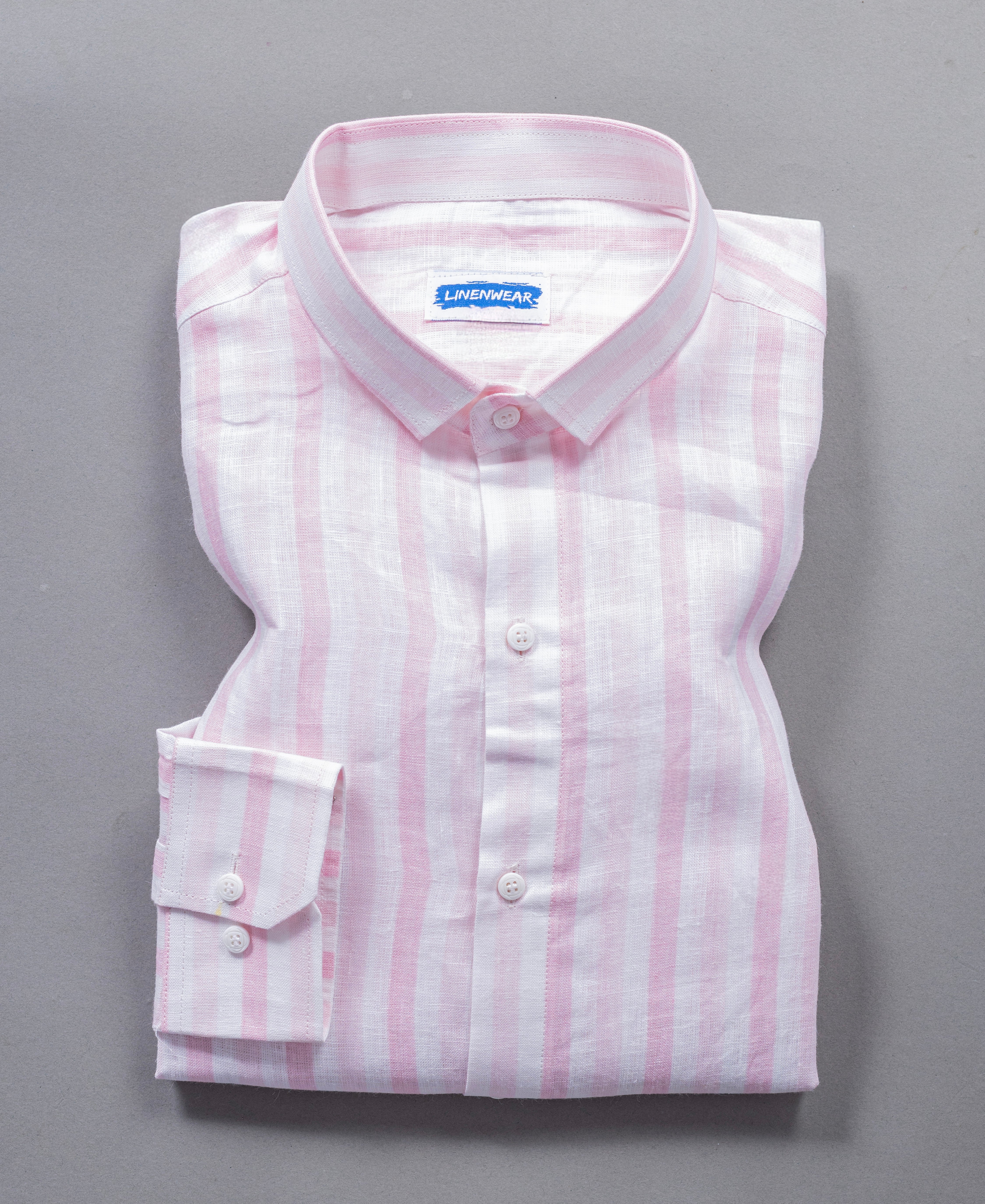 Pink Striped Pure Linen Shirt for Men – Long Sleeve Regular Collar