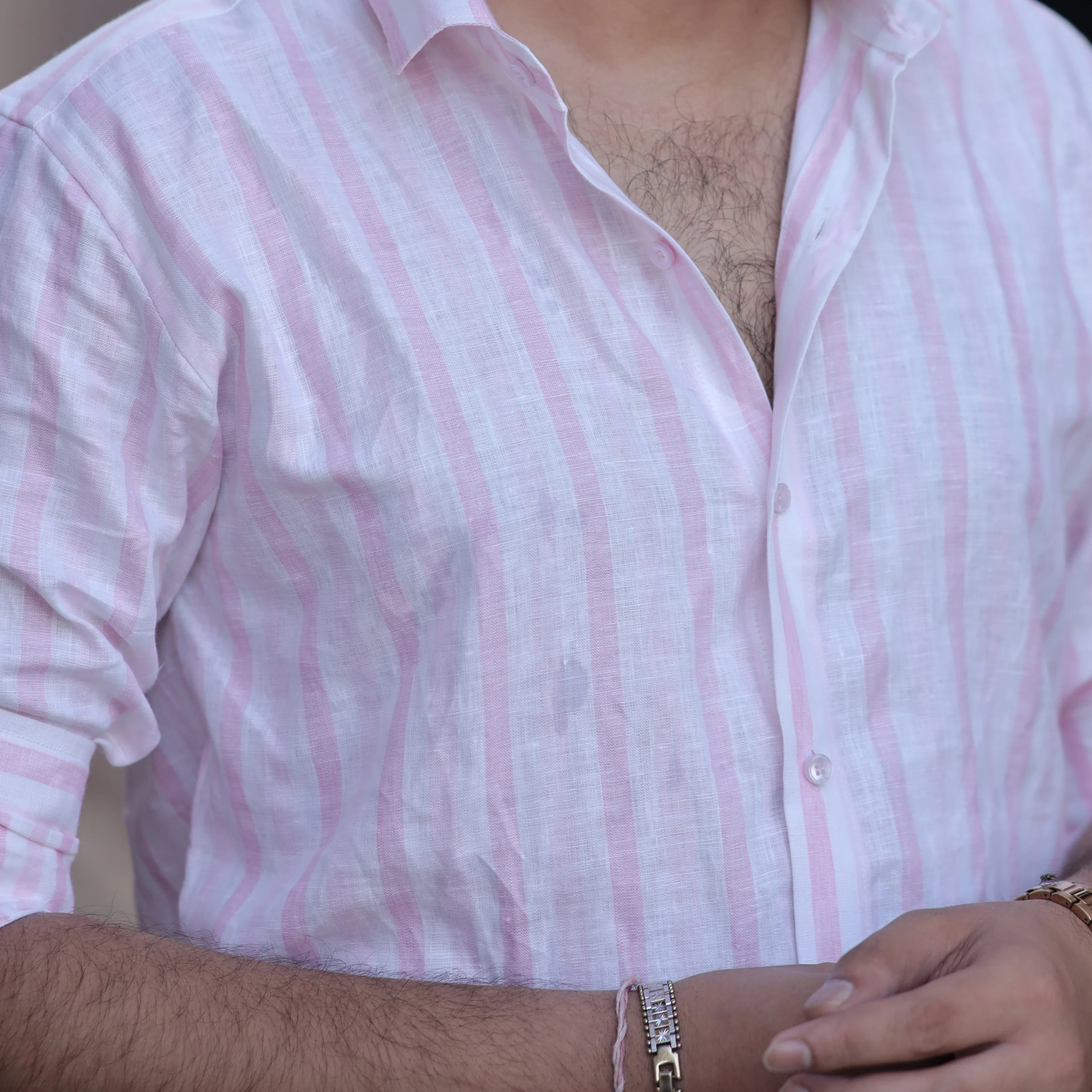 Pink Striped Pure Linen Shirt for Men – Long Sleeve Regular Collar