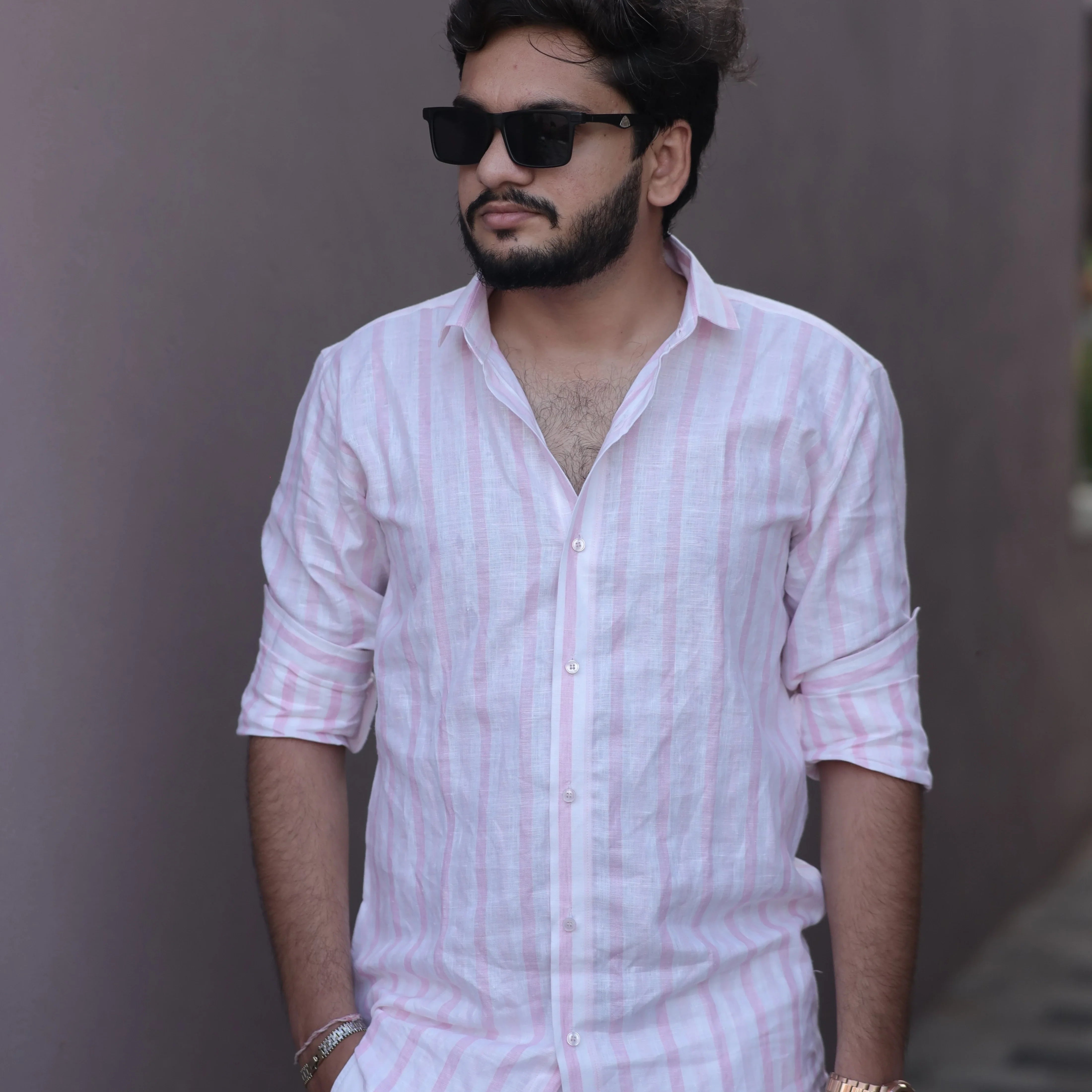 Pink Striped Pure Linen Shirt for Men – Long Sleeve Regular Collar