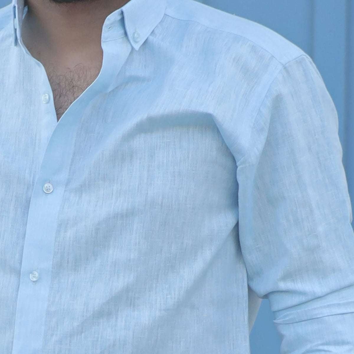 Light Blue Cotton Linen Shirt for Men – Button Down Collar Casual Fit