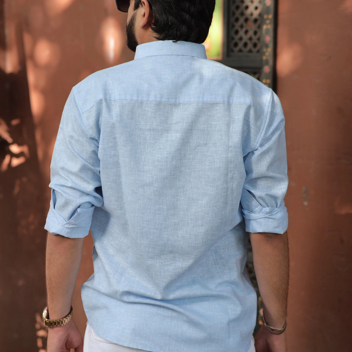 Light Blue Cotton Linen Shirt for Men - Full Sleeve Slim Fit
