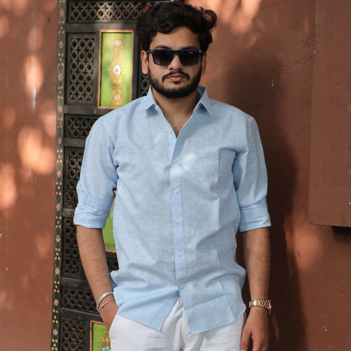 Light Blue Cotton Linen Shirt for Men - Full Sleeve Slim Fit