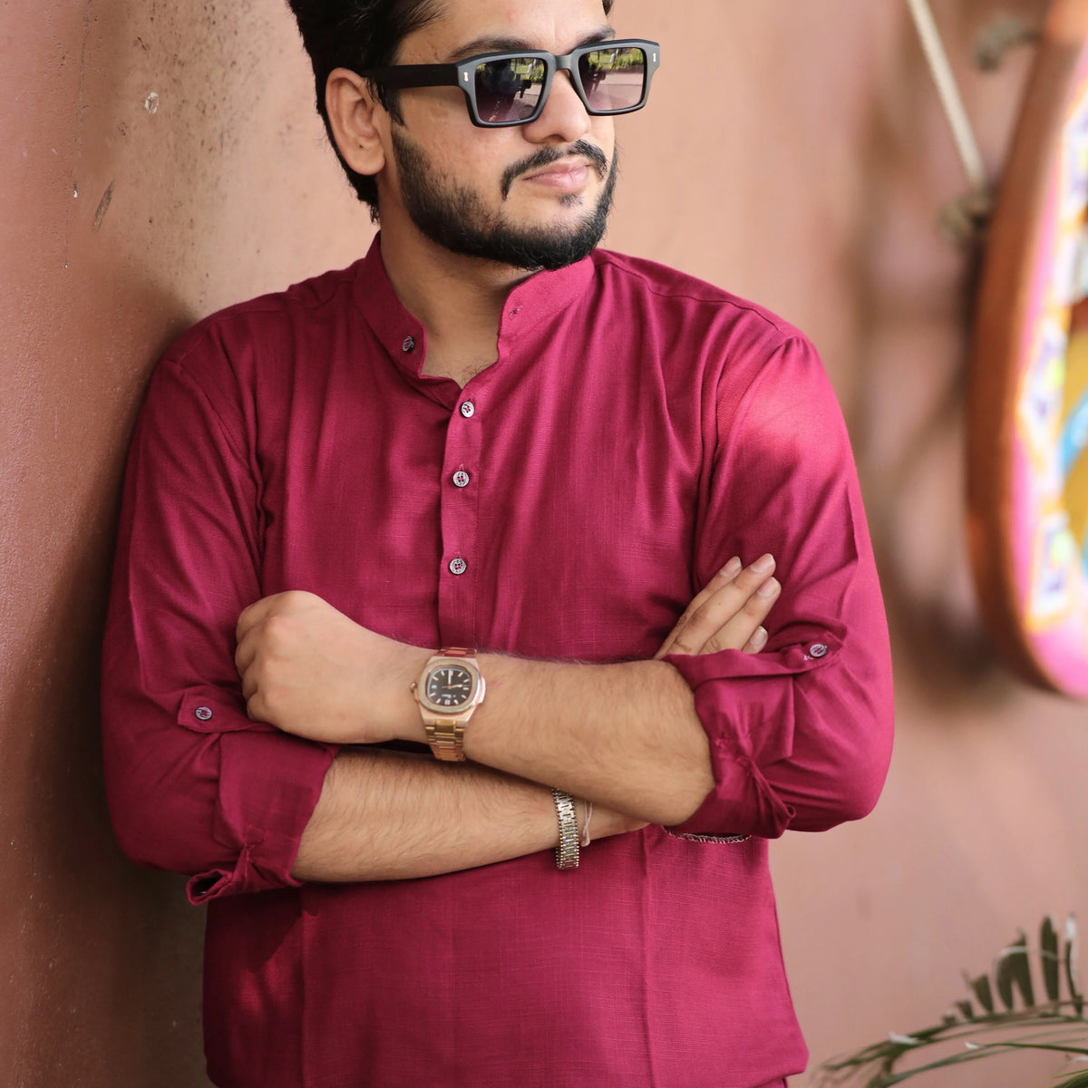 Maroon Fancy Linen Kurta with Band Collar and Roll-Up Sleeves