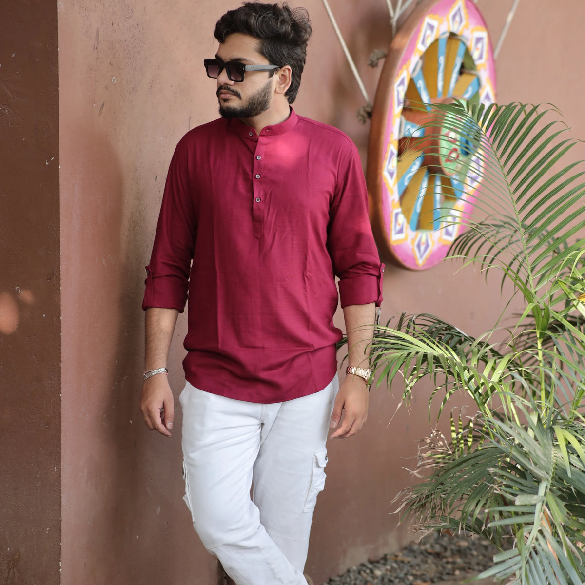 Maroon Fancy Linen Kurta with Band Collar and Roll-Up Sleeves